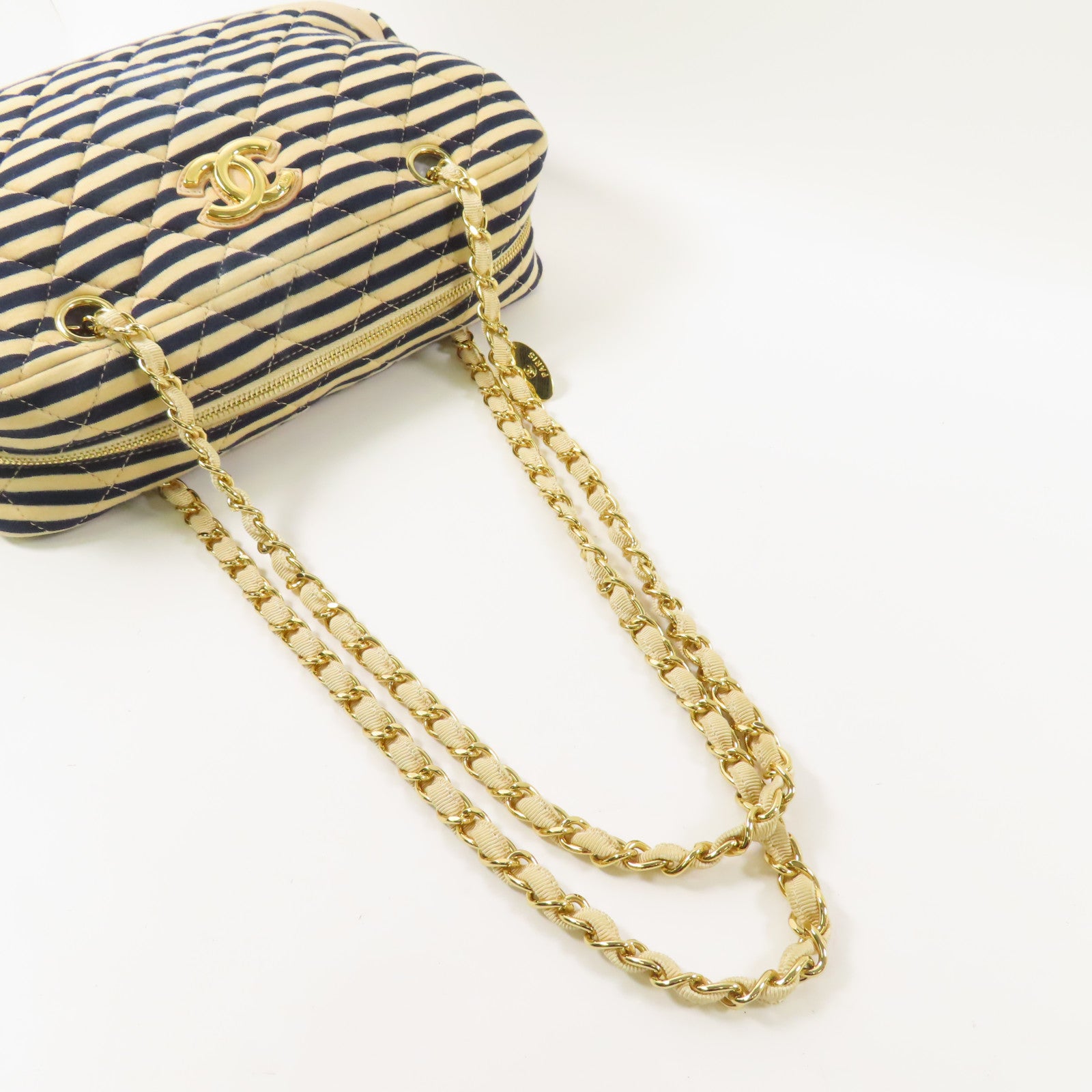 CHANEL 棉質Marine Border Chain Shoulder金扣鏈帶肩背袋