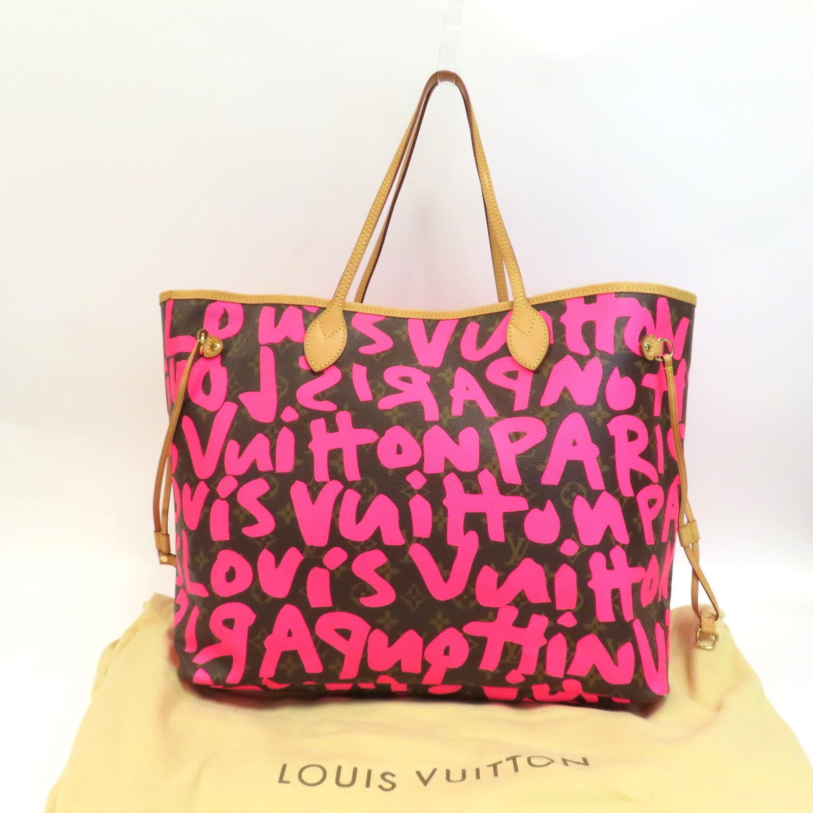 LOUIS VUITTON Monogram Graffiti Neverfull GM金扣手挽袋粉紅色/啡色