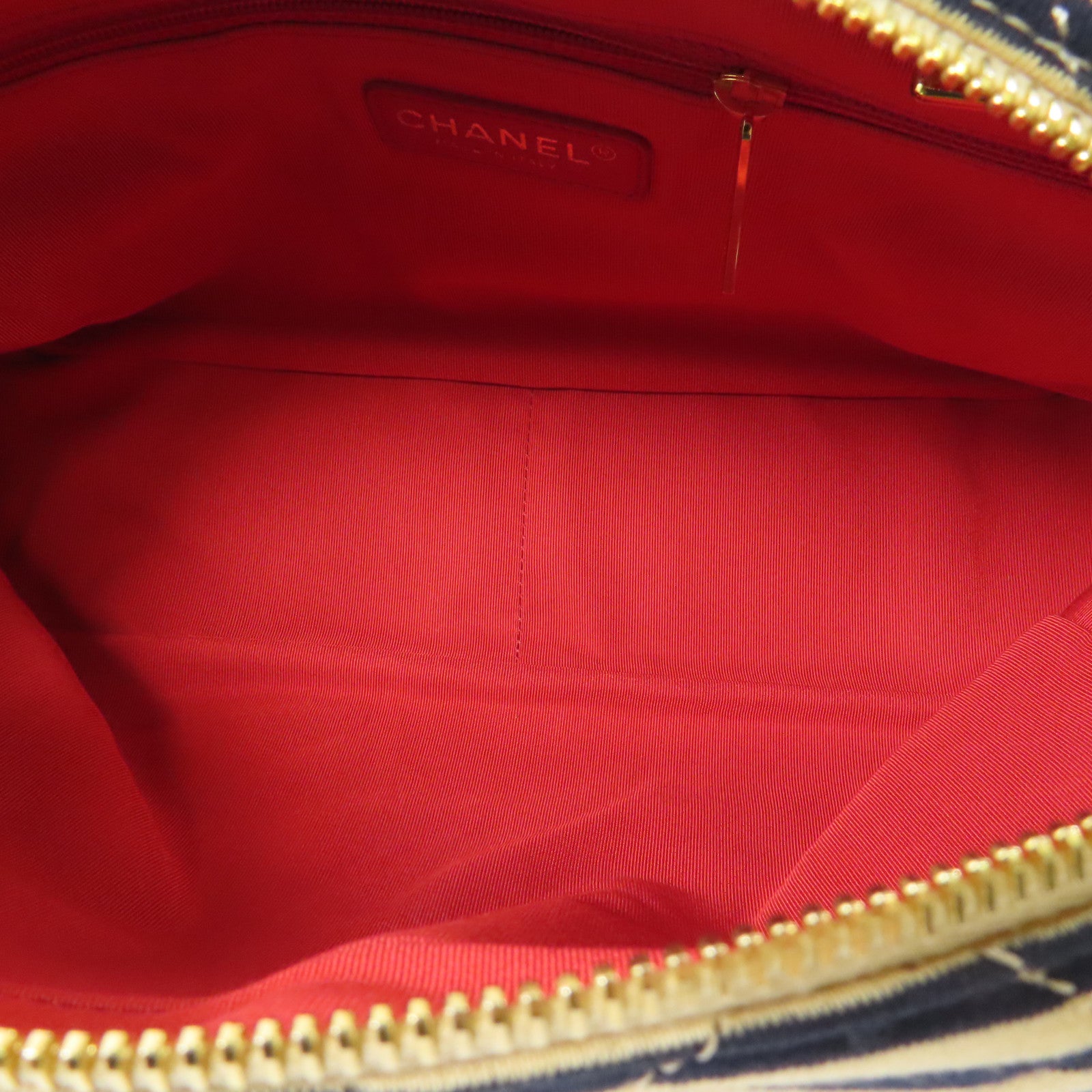 CHANEL 棉質Marine Border Chain Shoulder金扣鏈帶肩背袋
