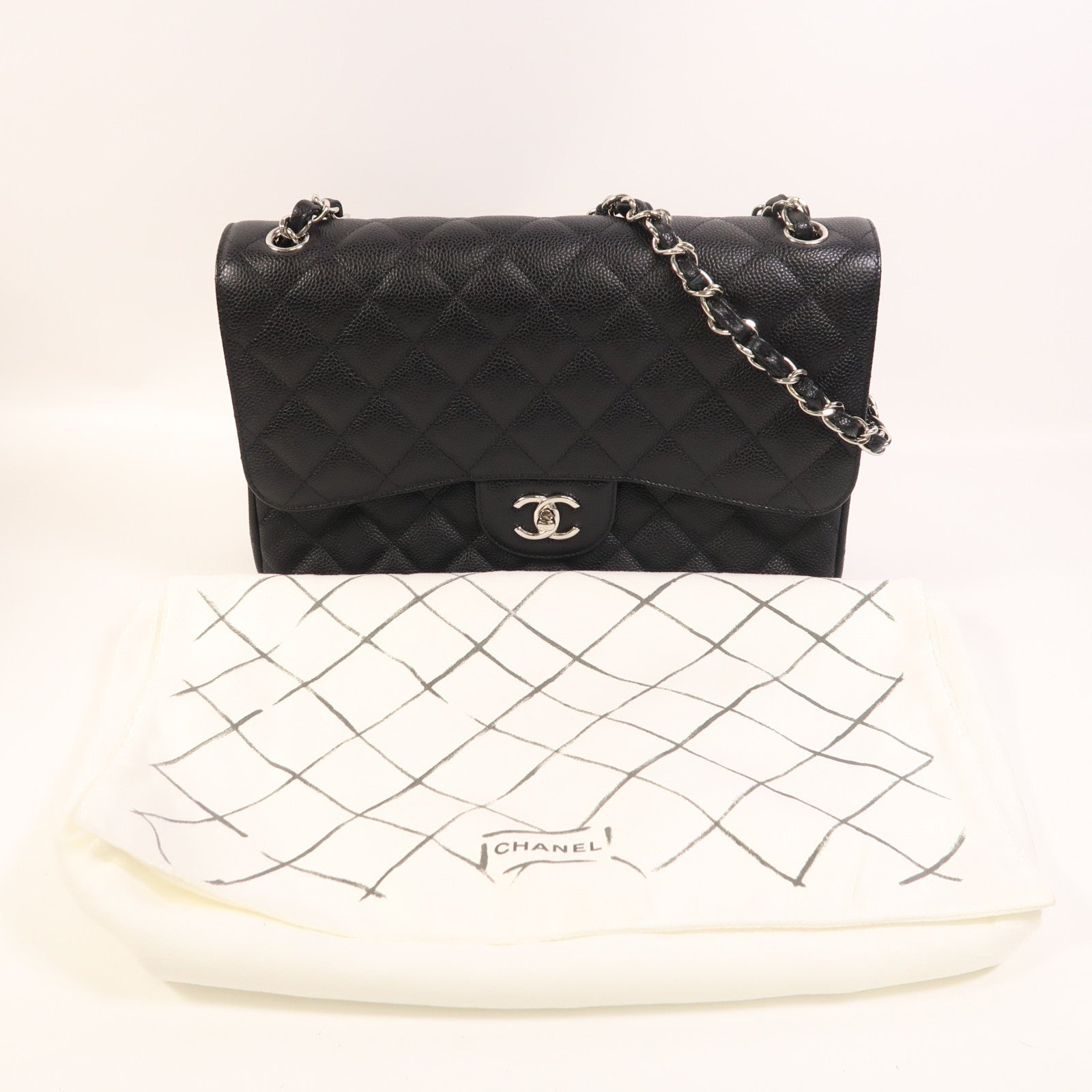 CHANEL 牛皮皮革Large Classic銀扣鏈帶肩背袋