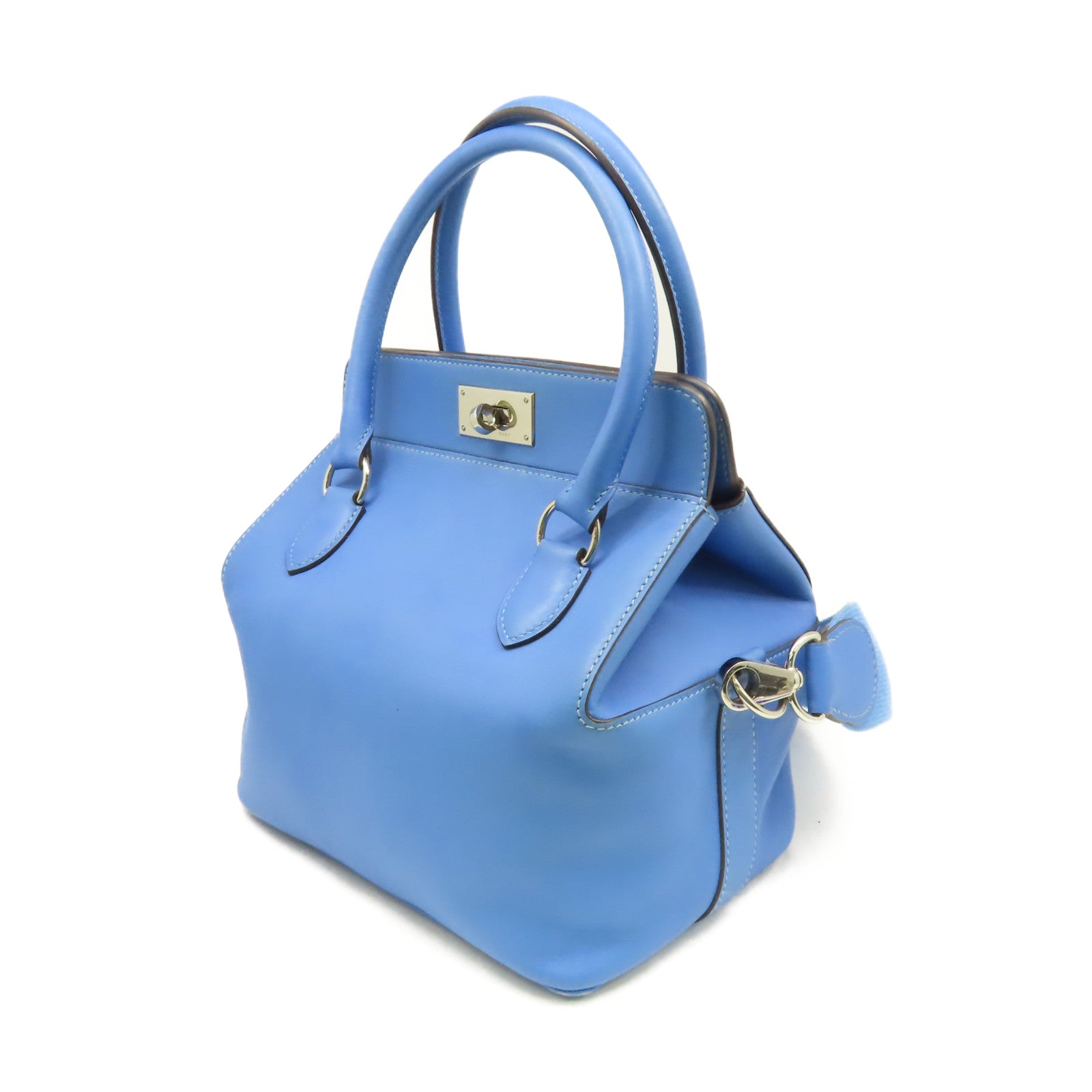HERMES **【激減優惠】Swift皮革Toolbox 20 2Way Shoulder Bag銀扣手挽肩背兩用袋Bleu Hydra水妖藍色
