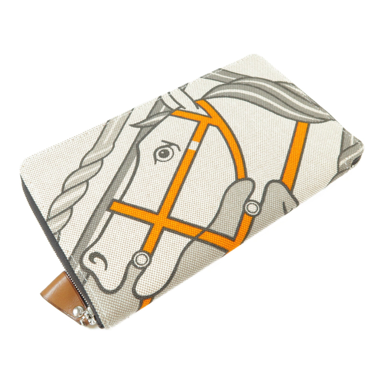 HERMES 帆布/Barenia皮革Quadrige Azap GM銀扣長錢包米色/灰色/橙色