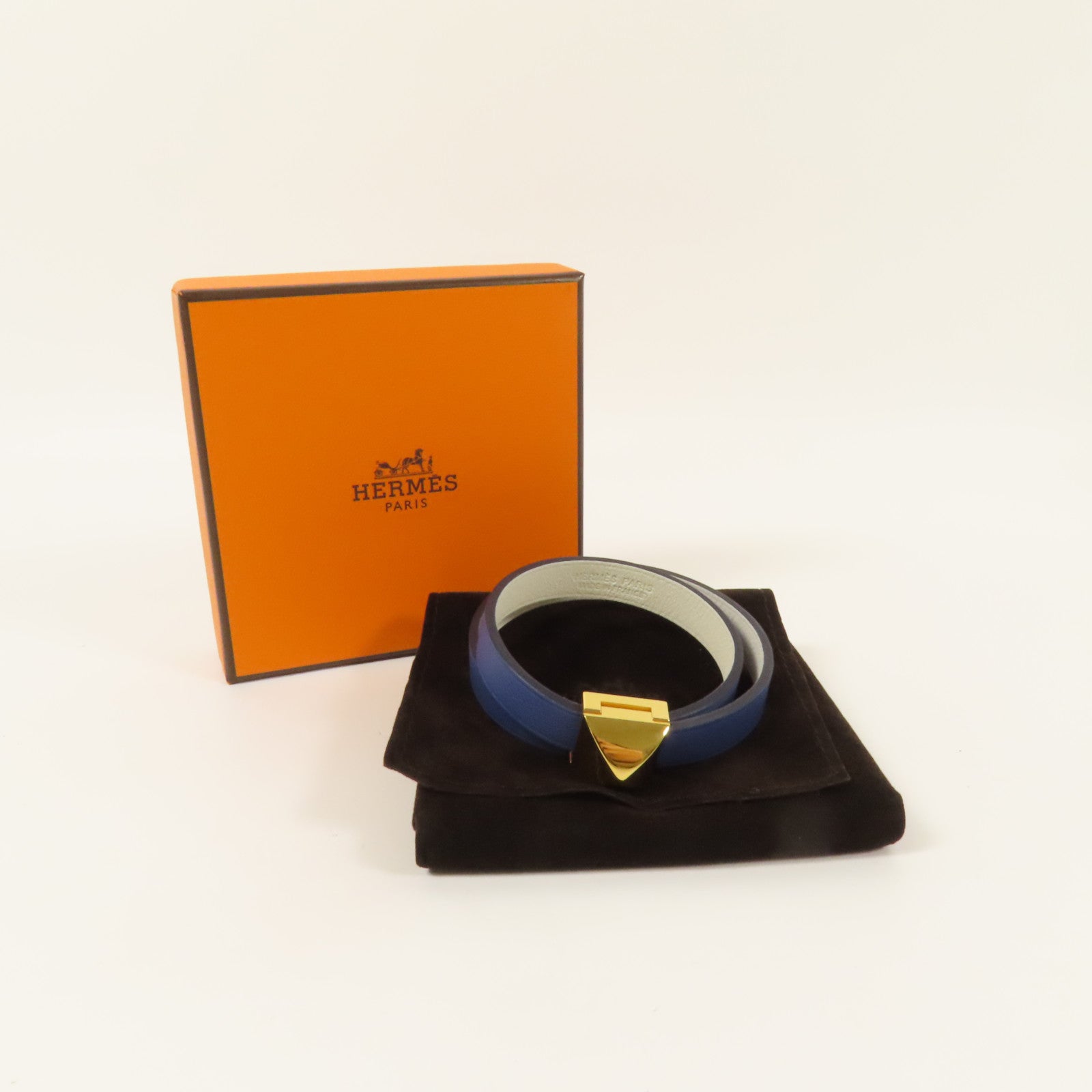 HERMES Swift皮革Medor Infini Double Tour Bracelet金扣手鐲Blue
