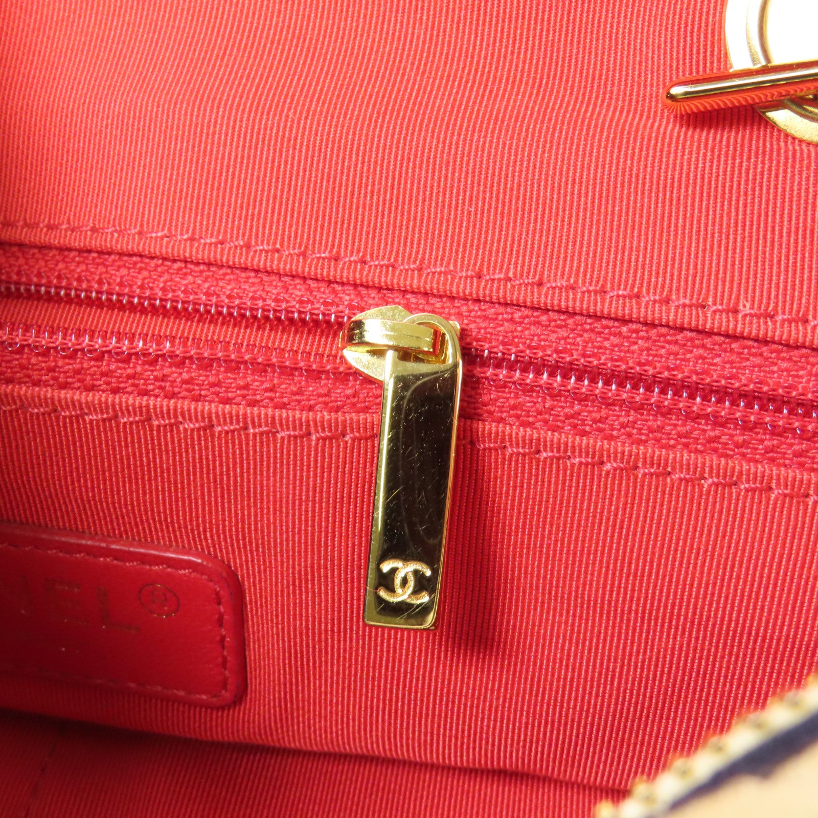 CHANEL 棉質Marine Border Chain Shoulder金扣鏈帶肩背袋