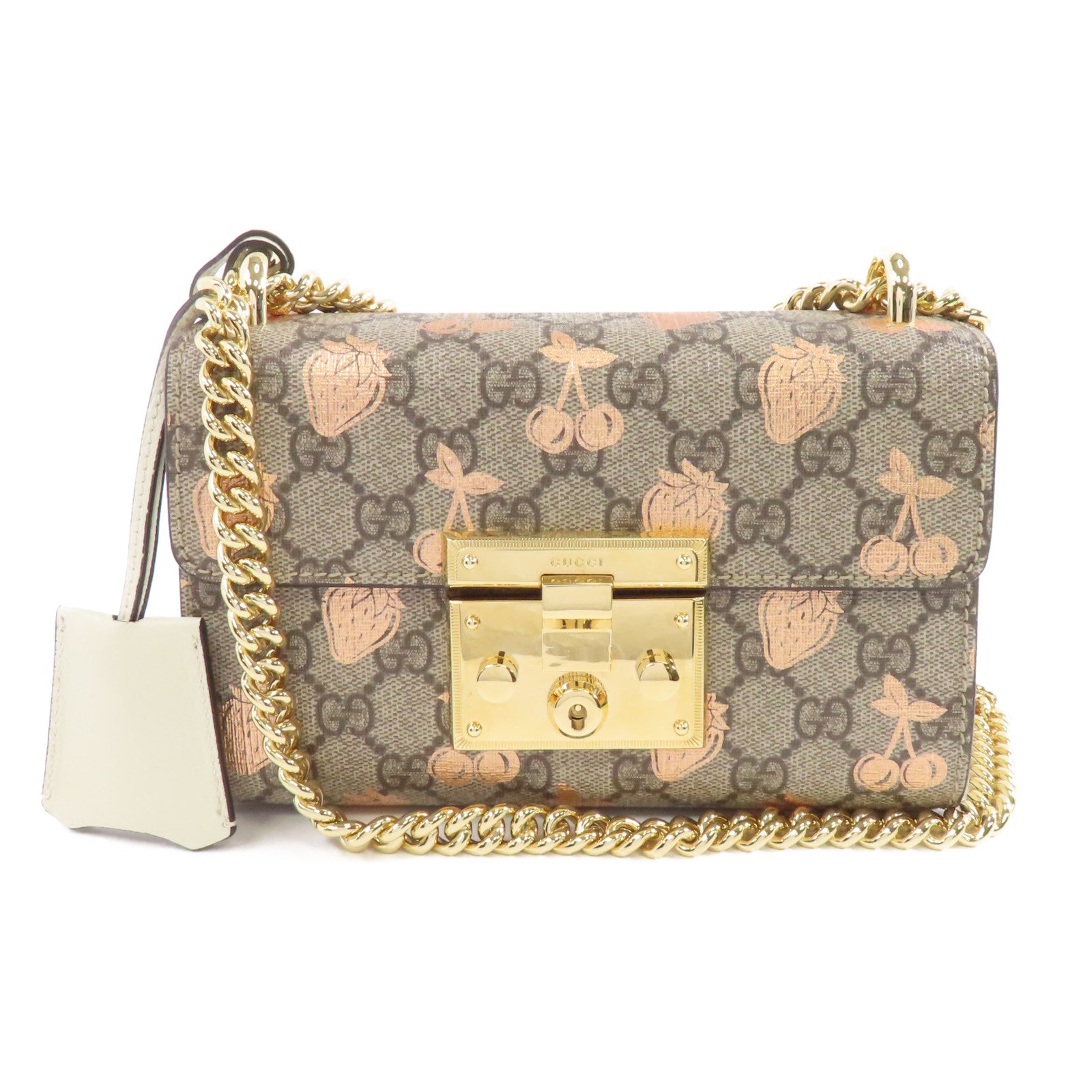 GUCCI 塗層帆布Padlock GG金扣鏈帶肩背袋棕色