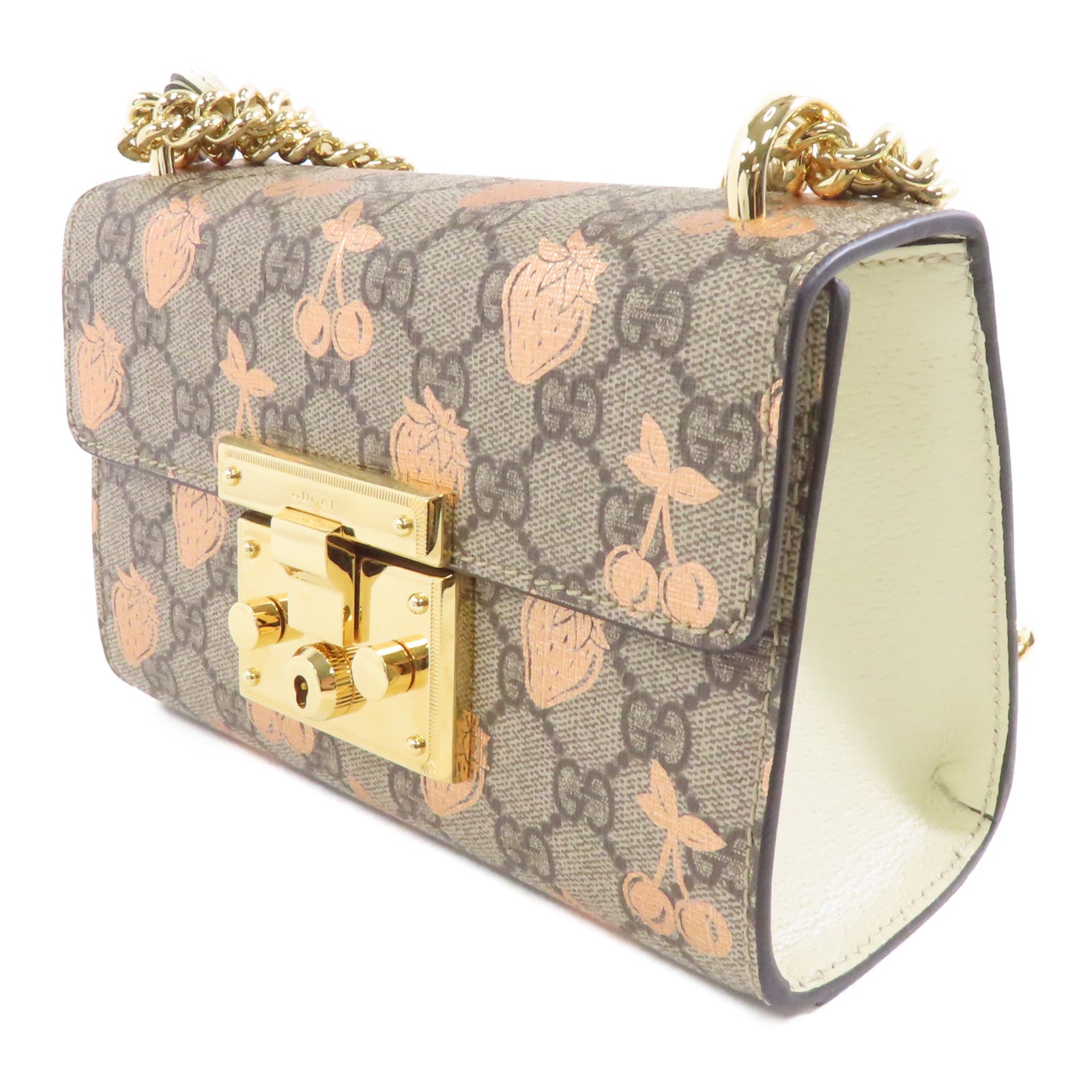 GUCCI 塗層帆布Padlock GG金扣鏈帶肩背袋棕色