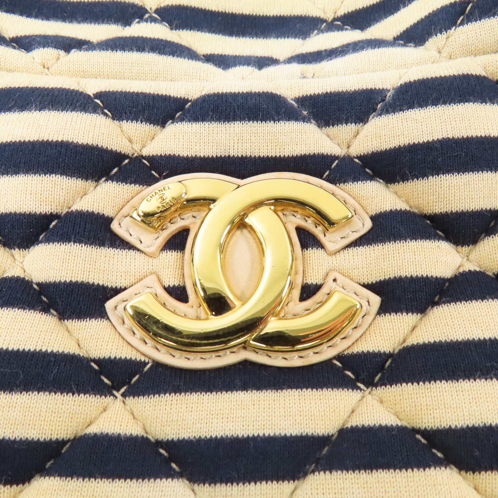 CHANEL 棉質Marine Border Chain Shoulder金扣鏈帶肩背袋