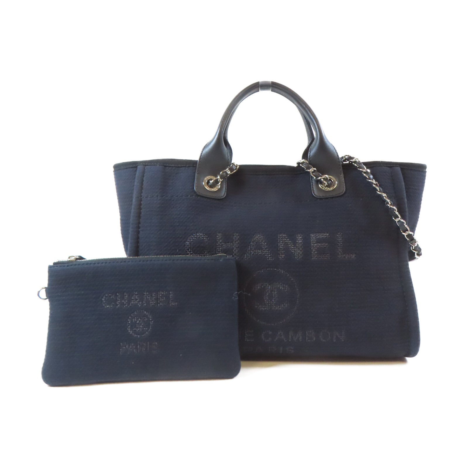 CHANEL 帆布Deauville Tote Medium 2 Way Chain Shoulder銀扣鏈帶手挽肩背兩用袋黑色