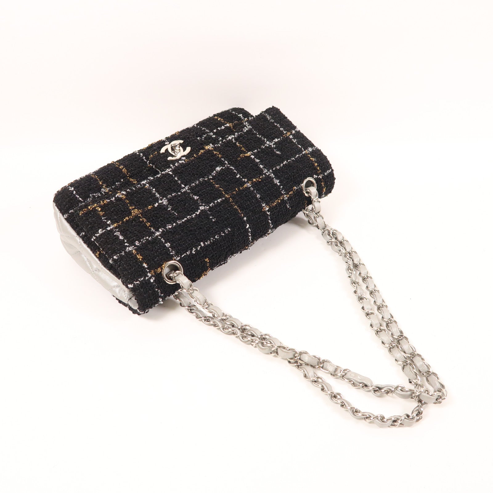 CHANEL Tweed/羊皮皮革Classic 25銀扣鏈帶肩背袋