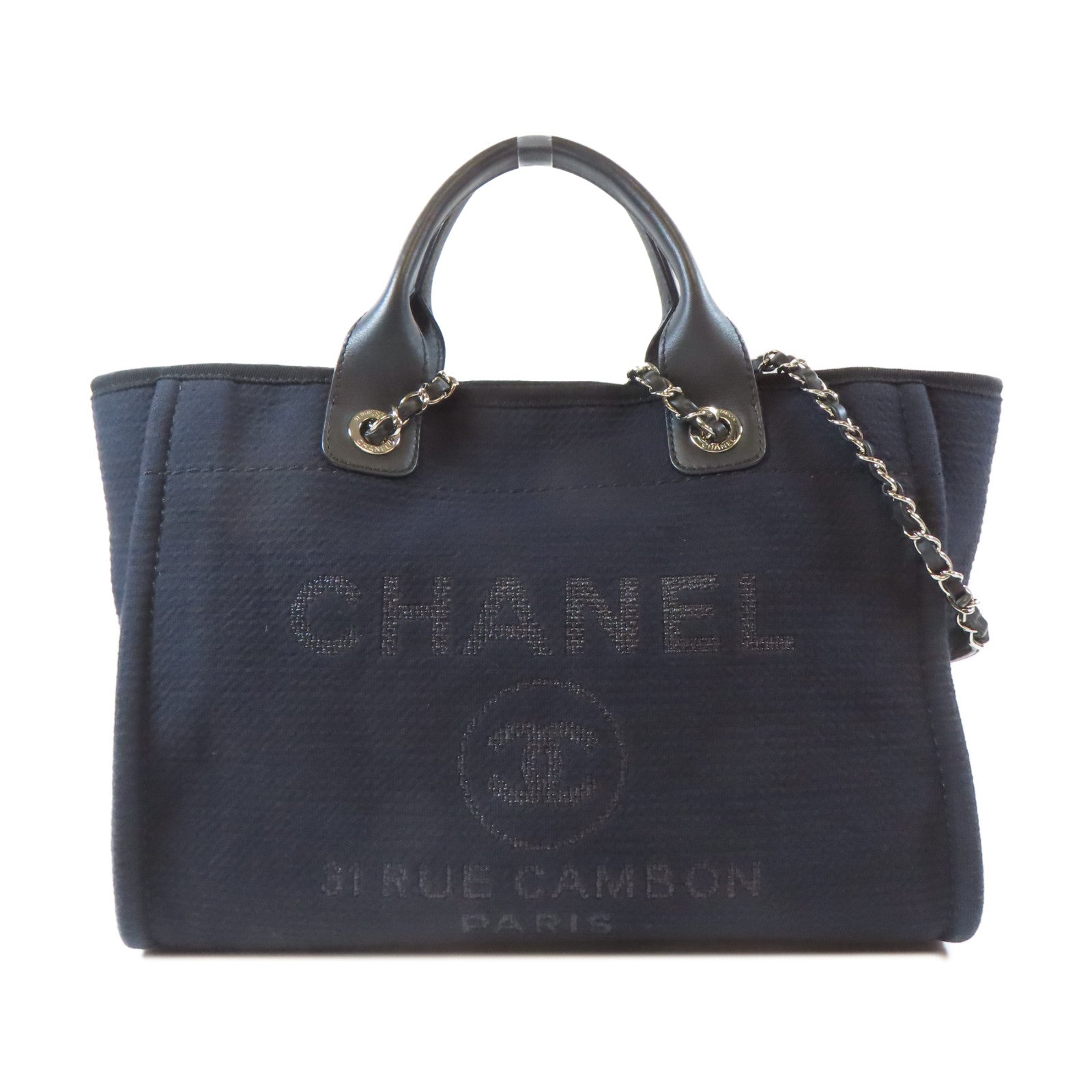 CHANEL 帆布Deauville Tote Medium 2 Way Chain Shoulder銀扣鏈帶手挽肩背兩用袋黑色