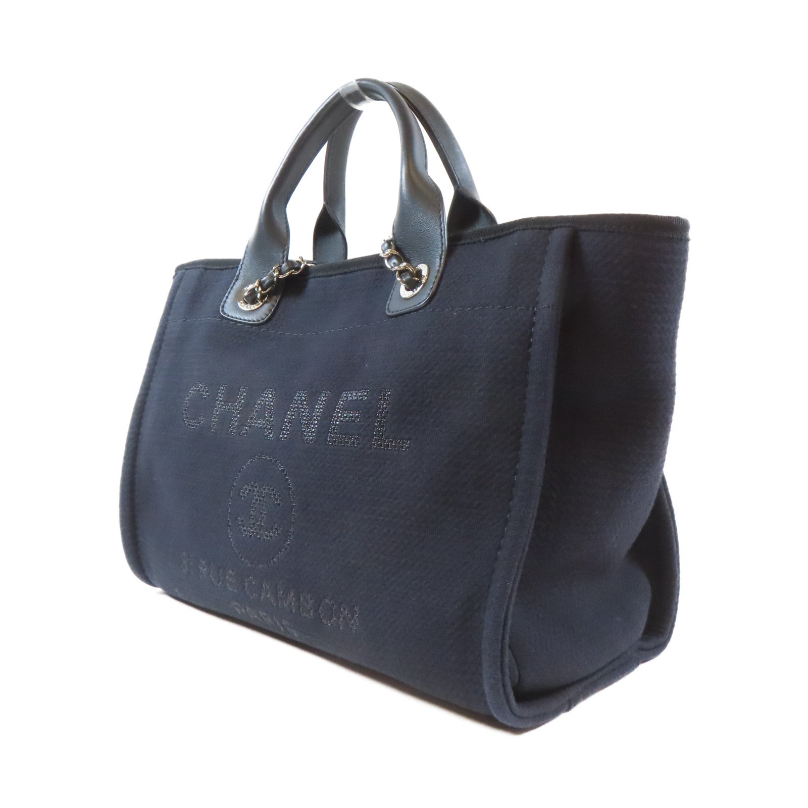 CHANEL 帆布Deauville Tote Medium 2 Way Chain Shoulder銀扣鏈帶手挽肩背兩用袋黑色