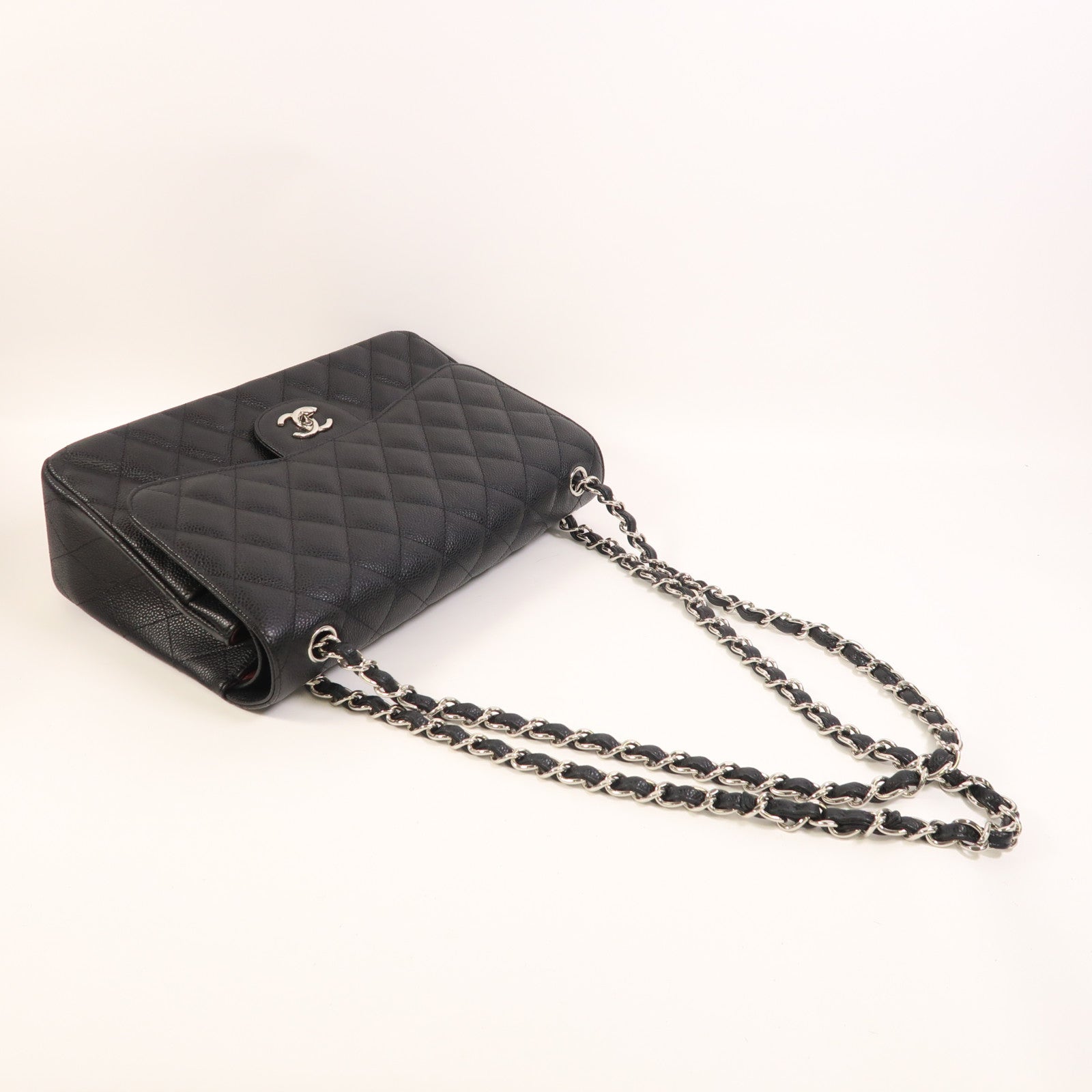 CHANEL 牛皮皮革Large Classic銀扣鏈帶肩背袋