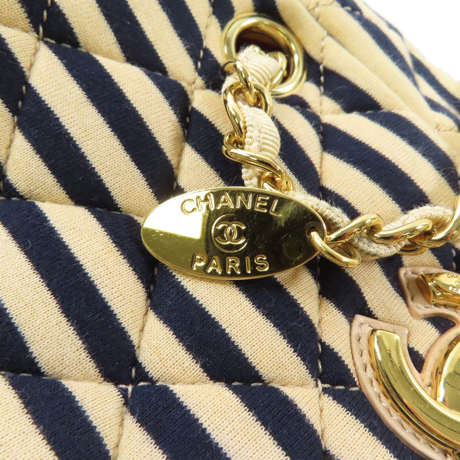 CHANEL 棉質Marine Border Chain Shoulder金扣鏈帶肩背袋