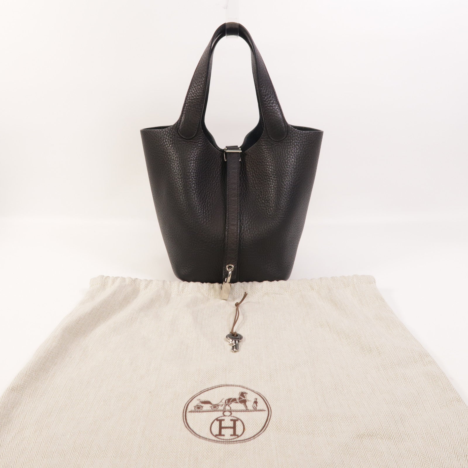 HERMES Clemence皮革Picotin PM銀扣手挽袋Noir