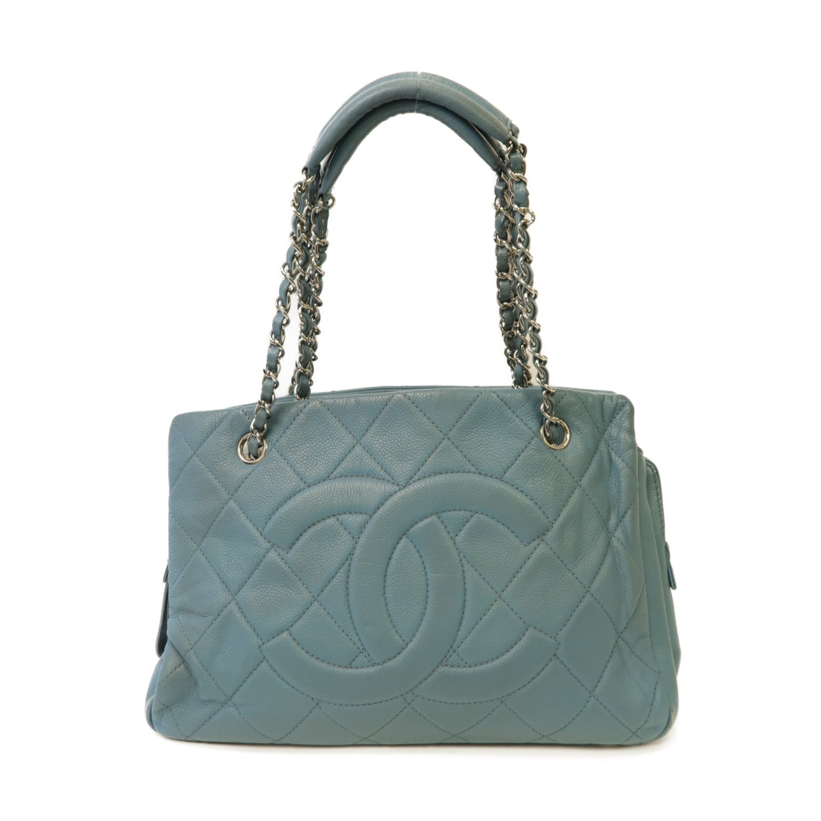 CHANEL 【激減優惠】菱格Caviar皮革Chain Shoulder Bag銀扣鏈帶肩背袋淺藍色