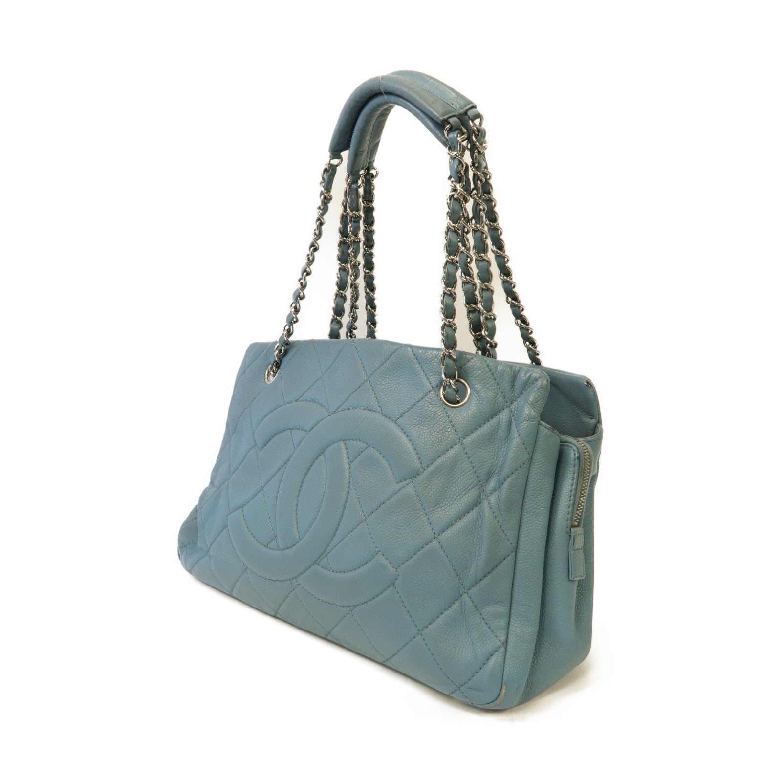 CHANEL 【激減優惠】菱格Caviar皮革Chain Shoulder Bag銀扣鏈帶肩背袋淺藍色