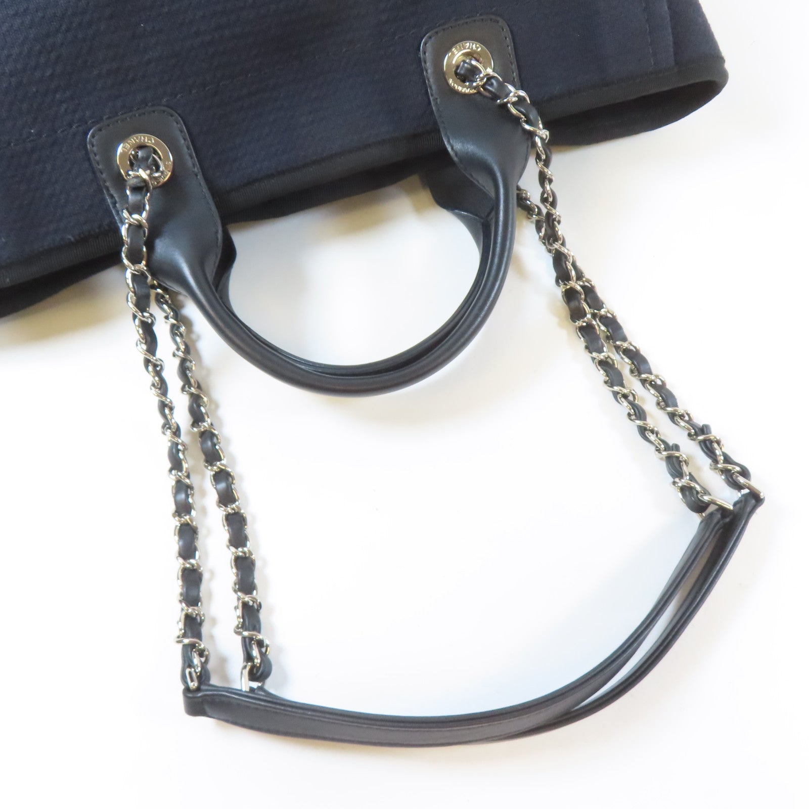 CHANEL 帆布Deauville Tote Medium 2 Way Chain Shoulder銀扣鏈帶手挽肩背兩用袋黑色
