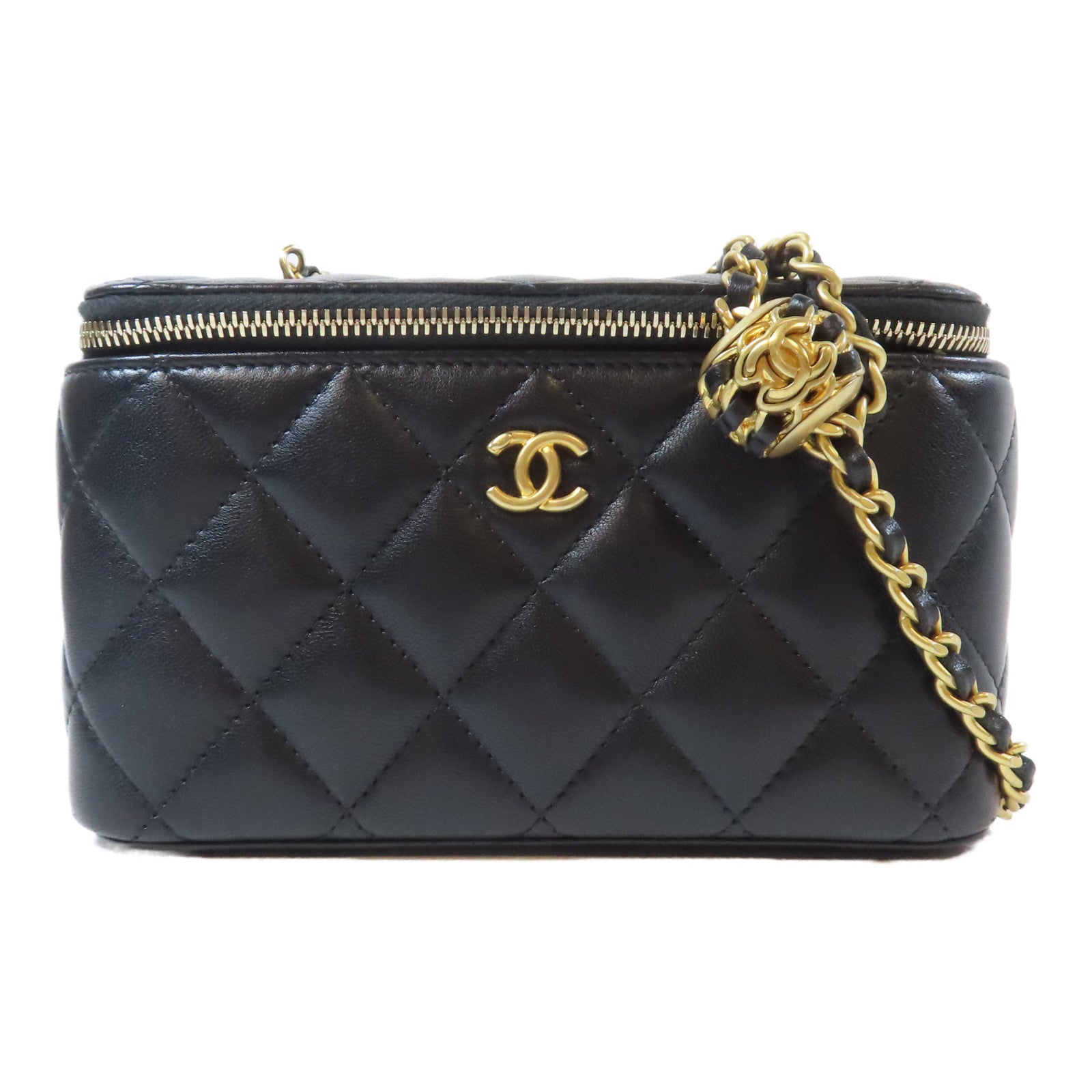 CHANEL 菱格羊皮皮革Vanity Case金扣鏈帶肩背袋黑色