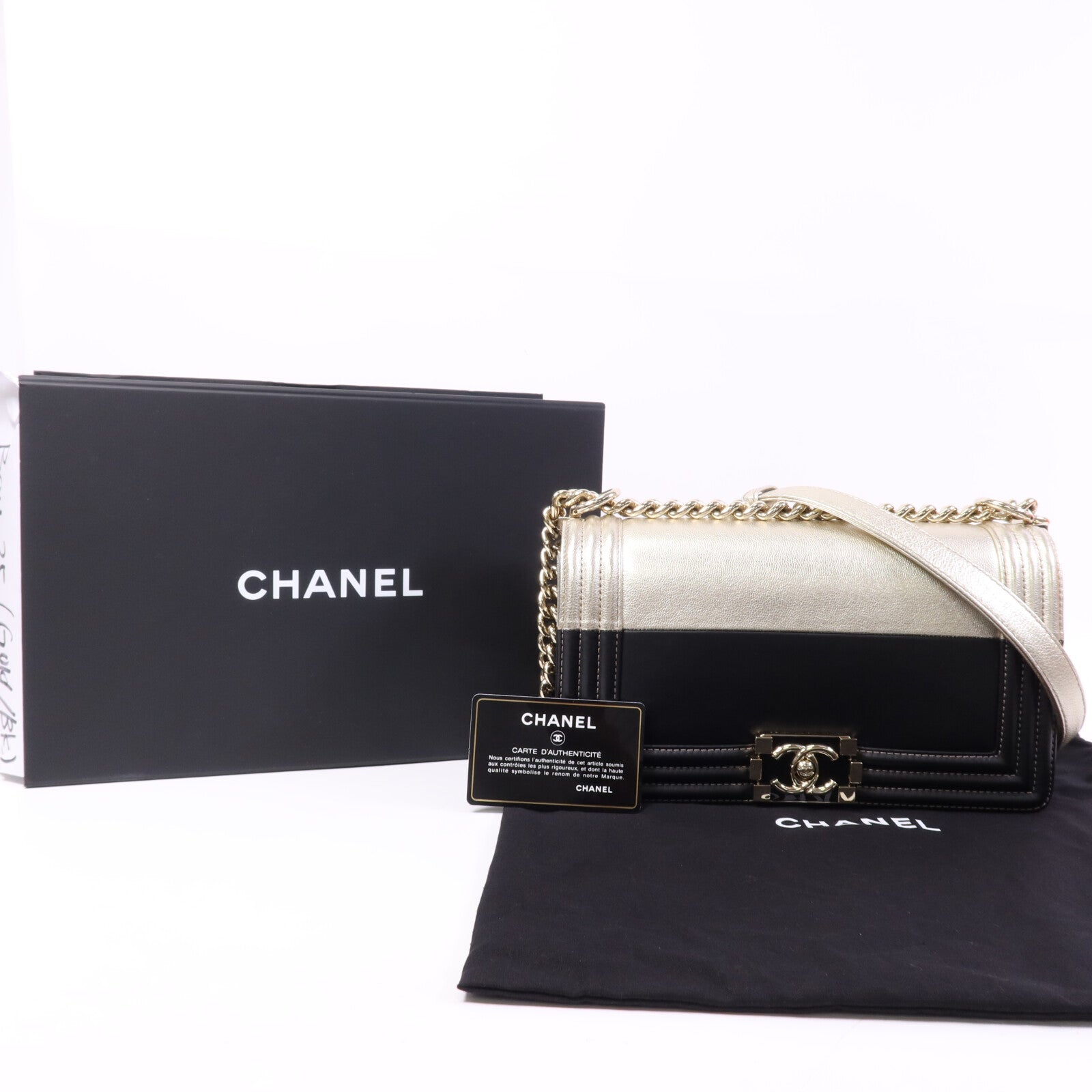CHANEL 牛皮皮革Boy 25金扣鏈帶肩背袋