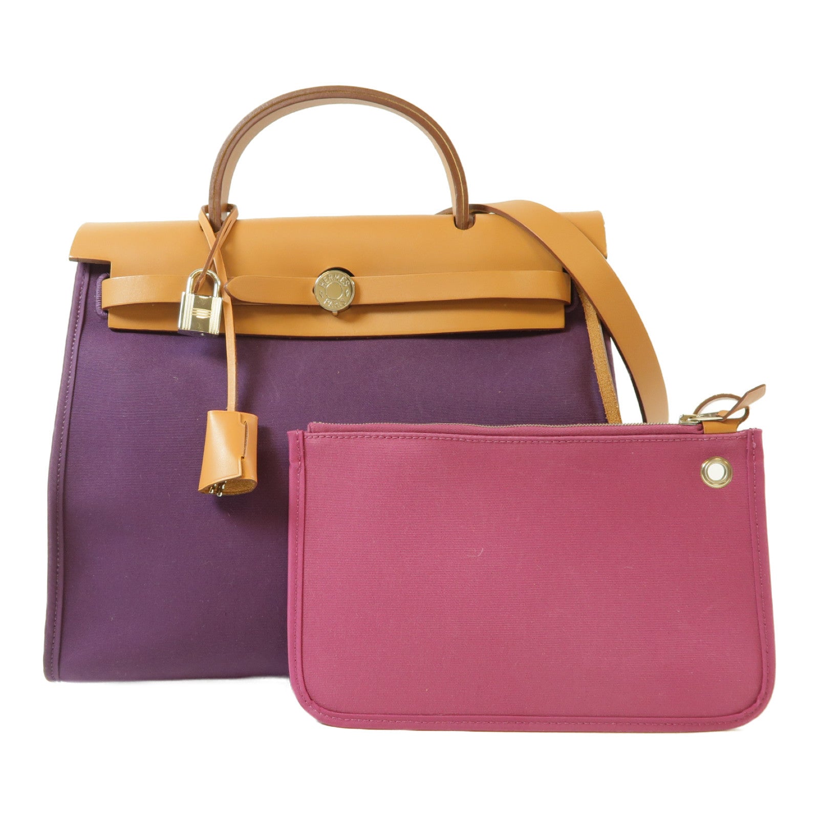 HERMES 帆布Herbag PM銀扣手挽肩背兩用袋紫色/啡色