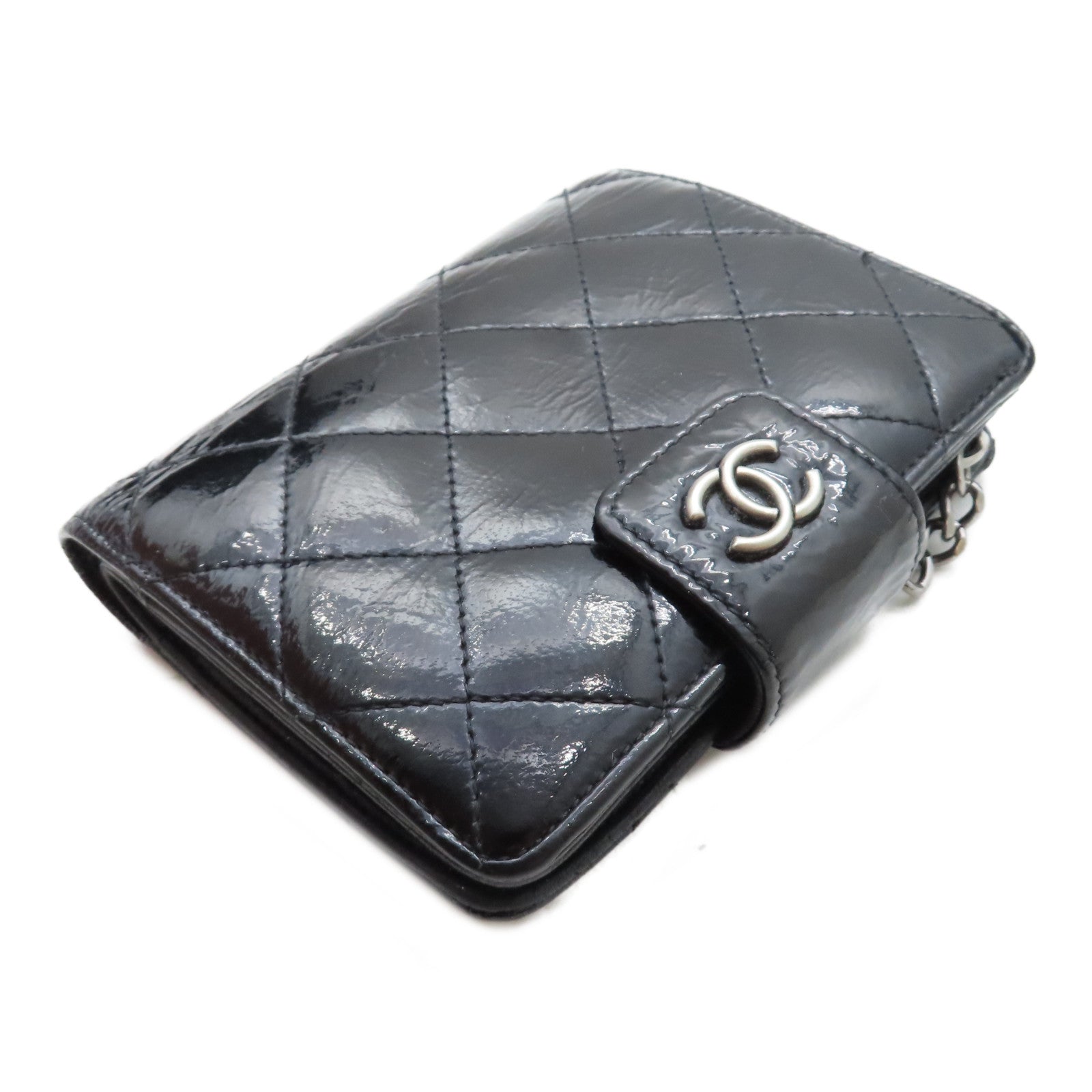 CHANEL 【激減優惠】菱格漆皮皮革Wallet銀扣錢包黑色