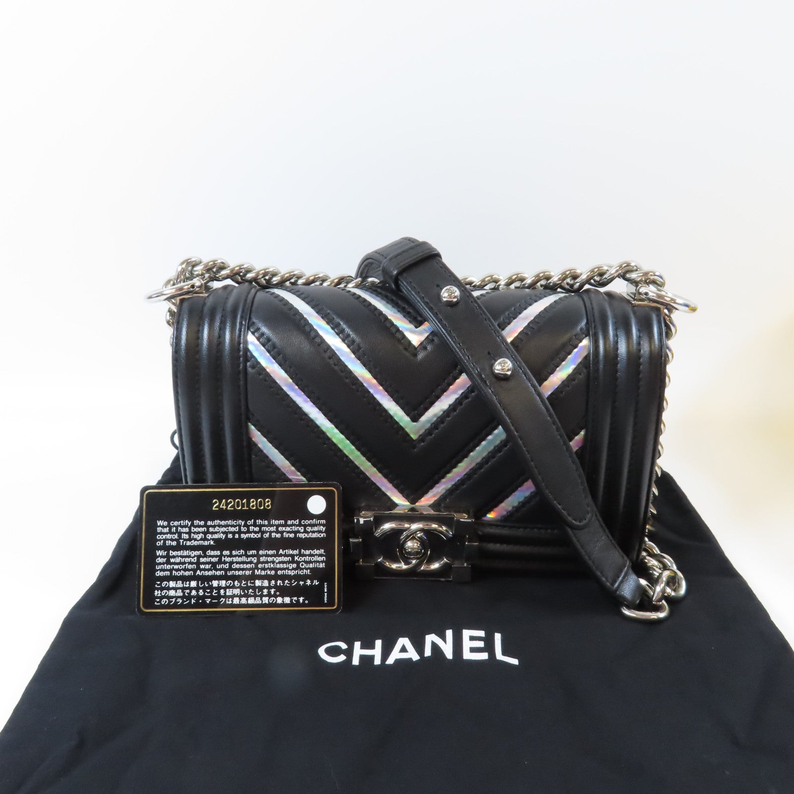 CHANEL 斜紋牛皮皮革Le Boy Chain Shoulder Bag銀扣鏈帶肩背袋黑色