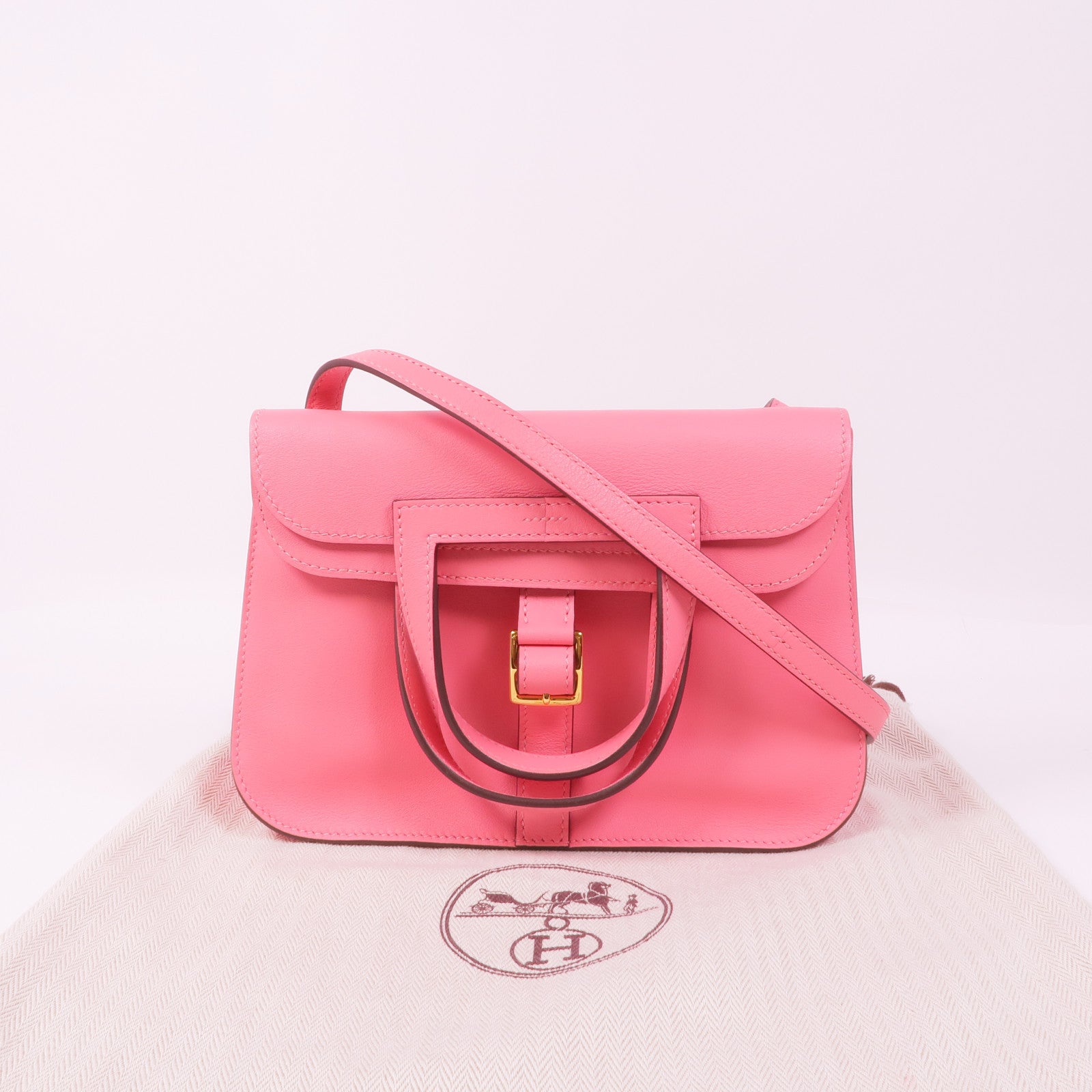 HERMES Swift皮革Mini Halzan金扣手挽肩背兩用袋Rose Azalee