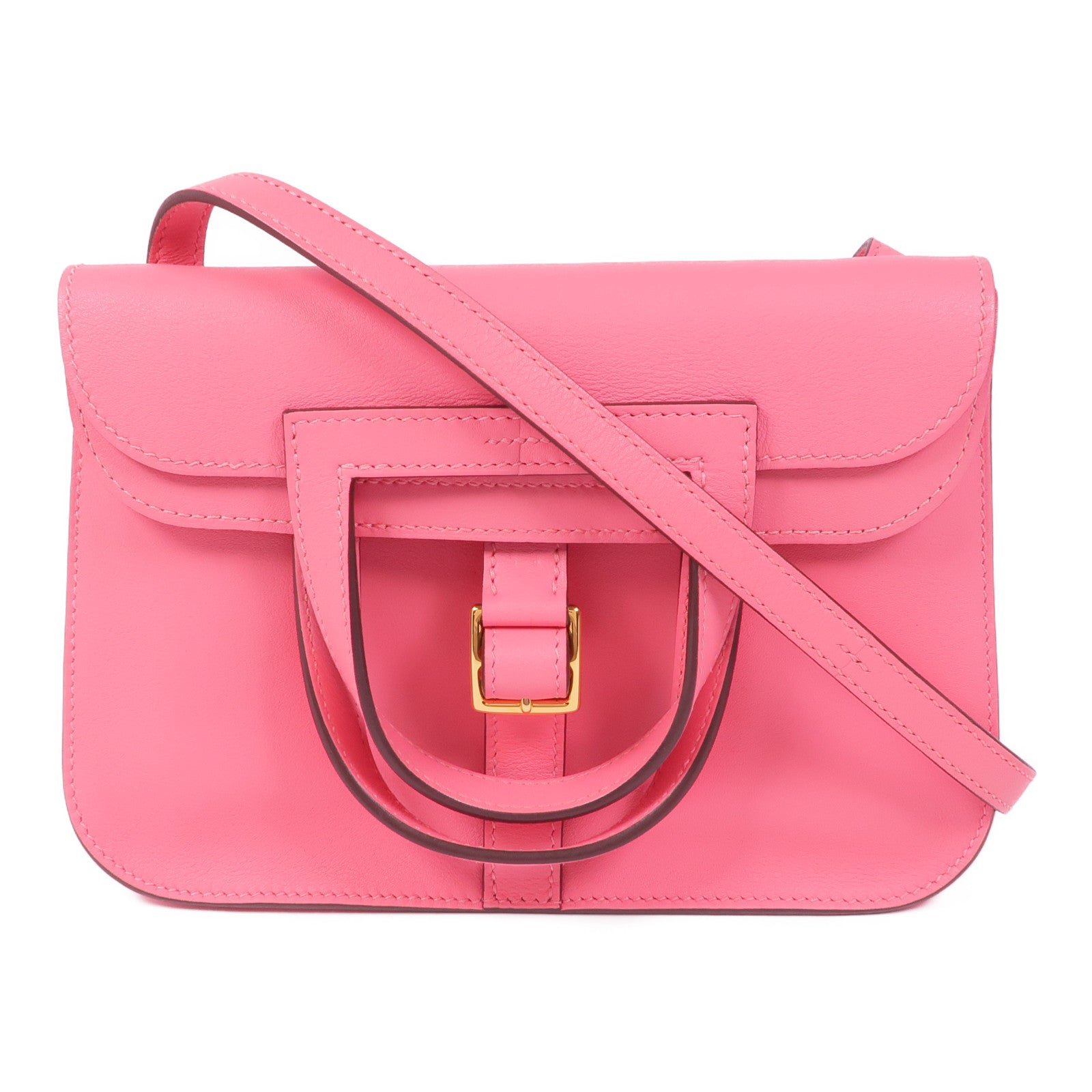 HERMES Swift皮革Mini Halzan金扣手挽肩背兩用袋Rose Azalee
