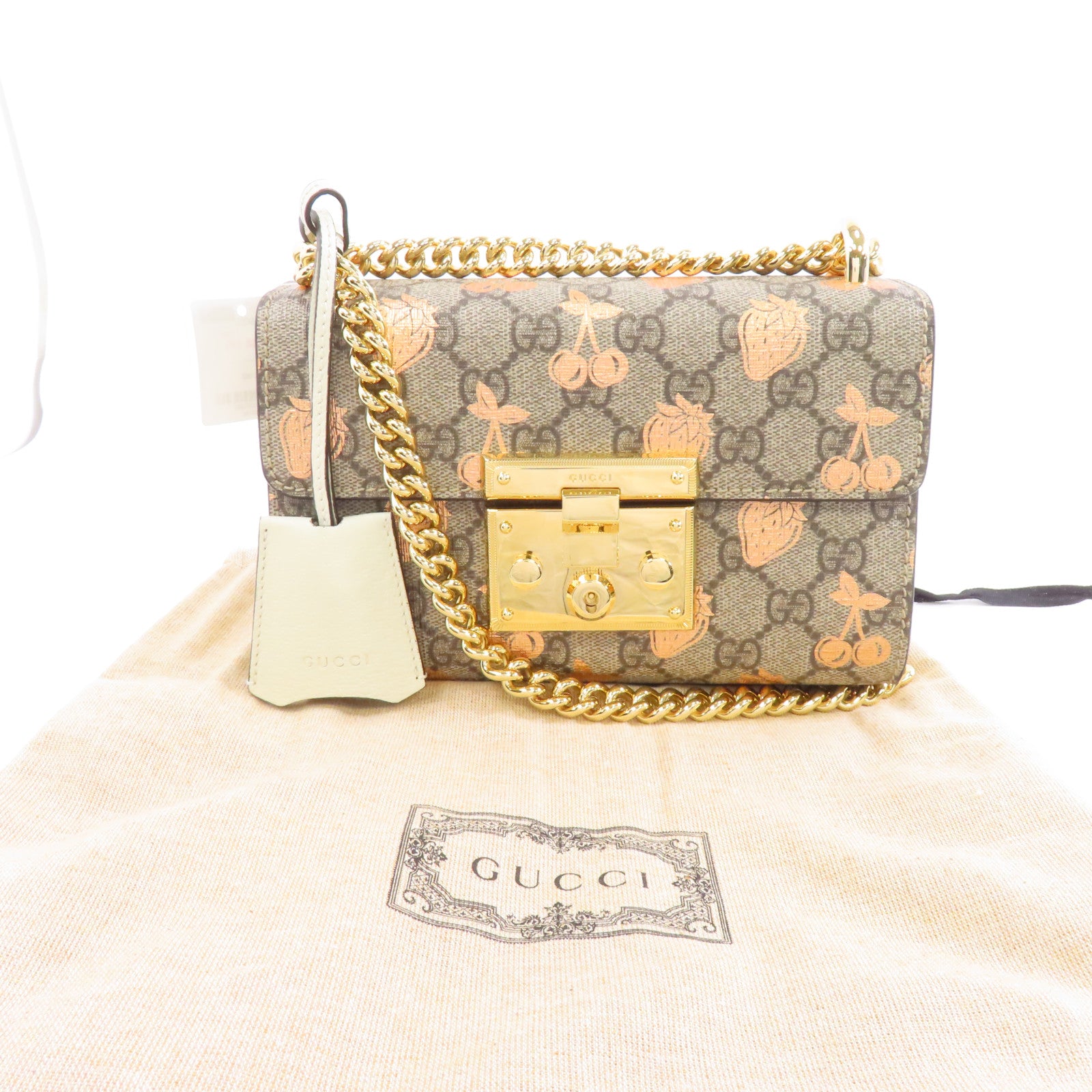 GUCCI 塗層帆布Padlock GG金扣鏈帶肩背袋棕色