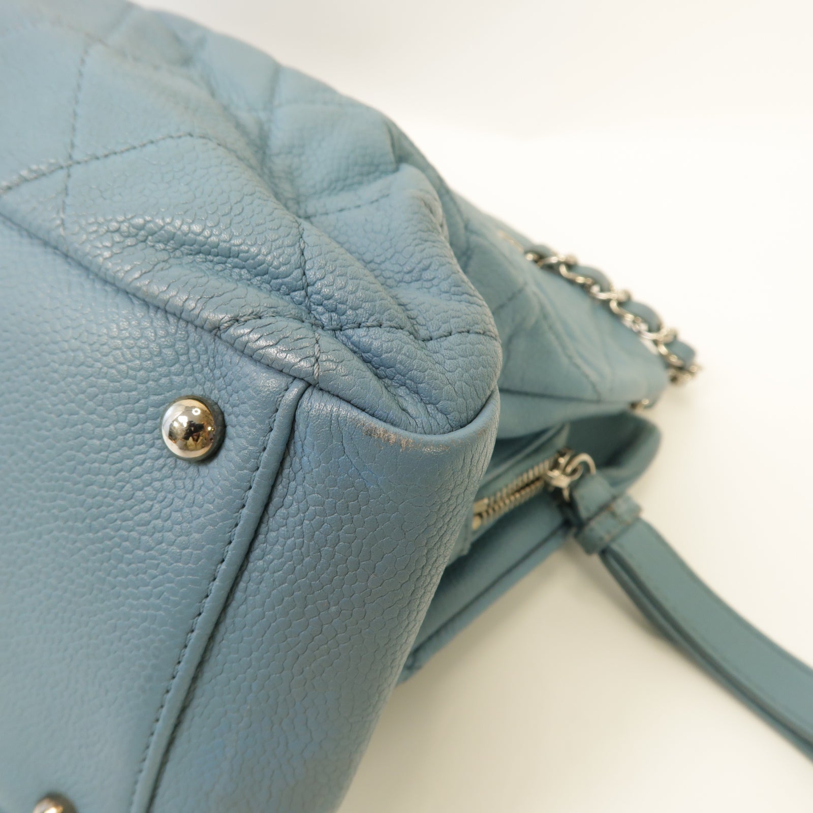CHANEL 【激減優惠】菱格Caviar皮革Chain Shoulder Bag銀扣鏈帶肩背袋淺藍色