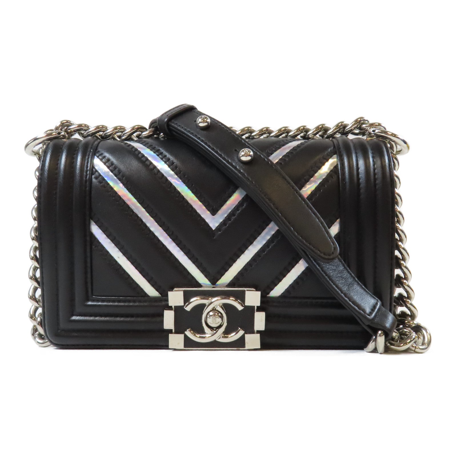 CHANEL 斜紋牛皮皮革Le Boy Chain Shoulder Bag銀扣鏈帶肩背袋黑色