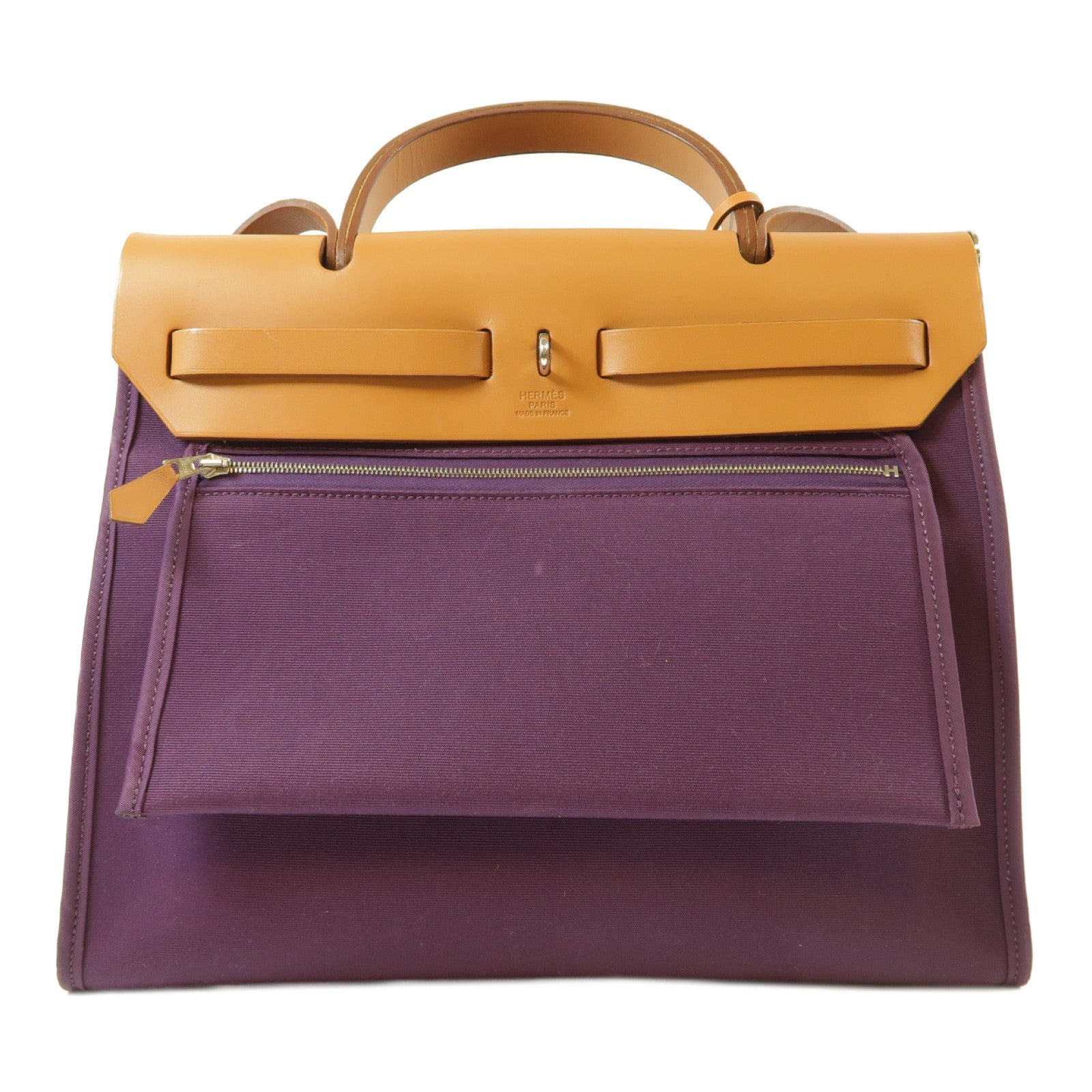 HERMES 帆布Herbag PM銀扣手挽肩背兩用袋紫色/啡色