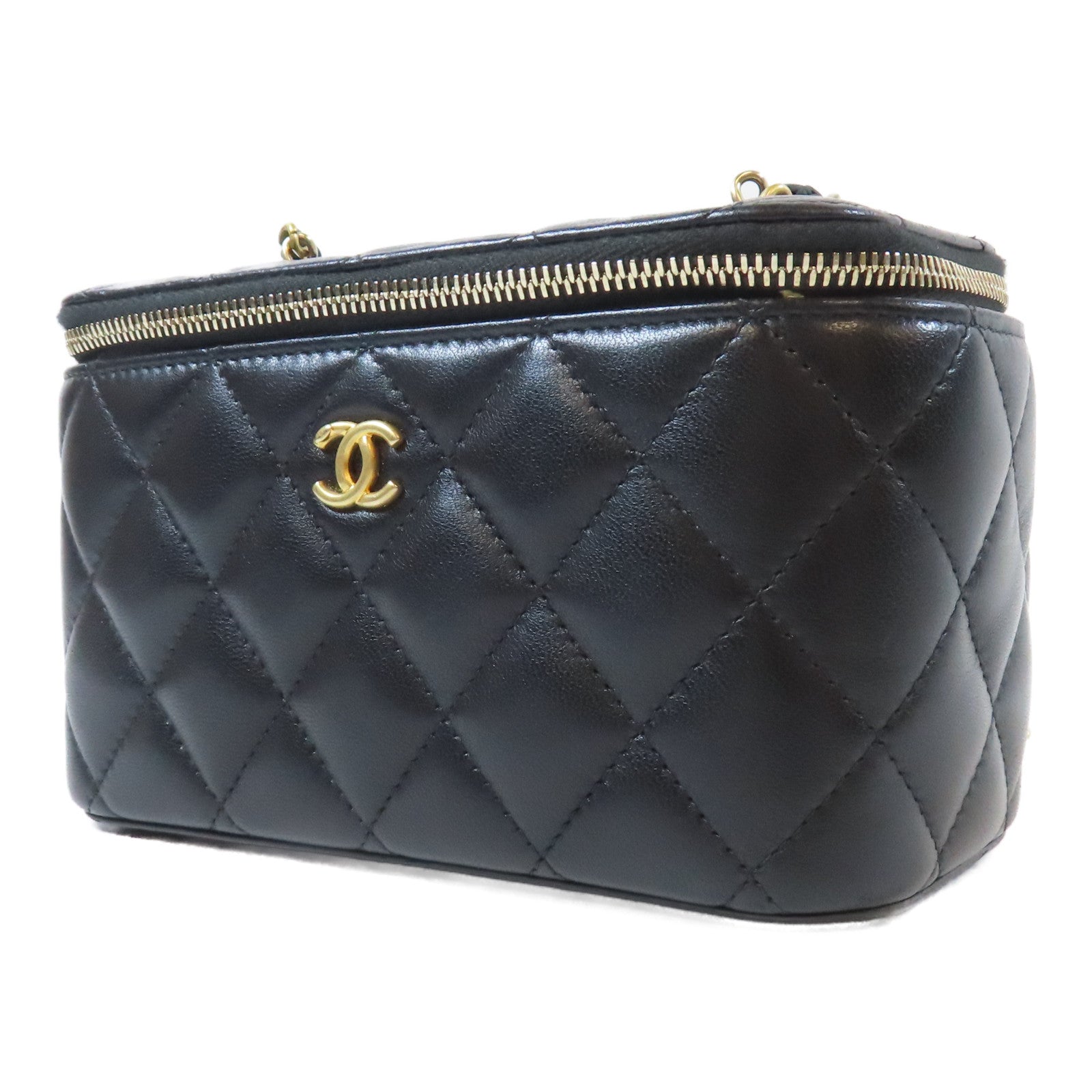 CHANEL 菱格羊皮皮革Vanity Case金扣鏈帶肩背袋黑色