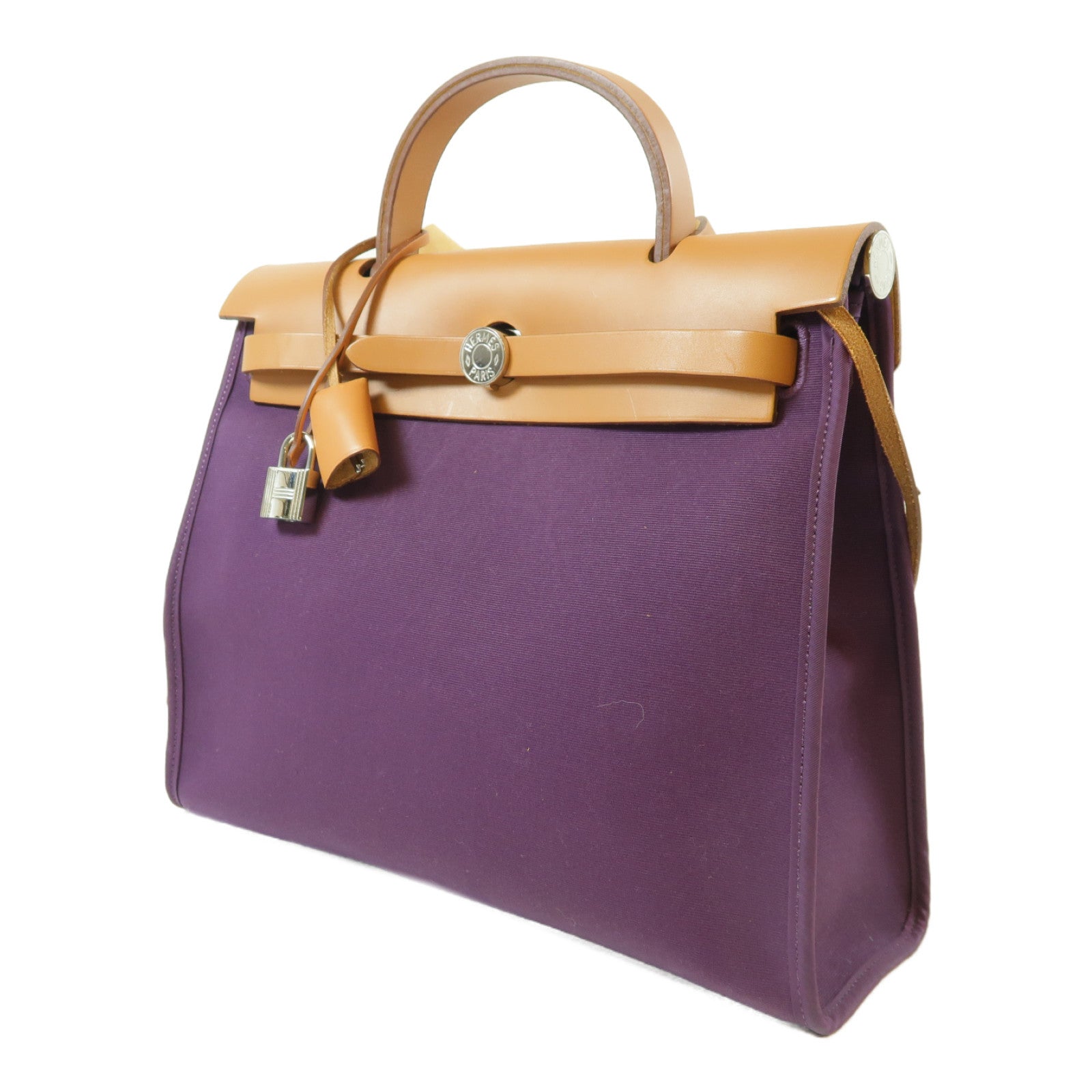 HERMES 帆布Herbag PM銀扣手挽肩背兩用袋紫色/啡色