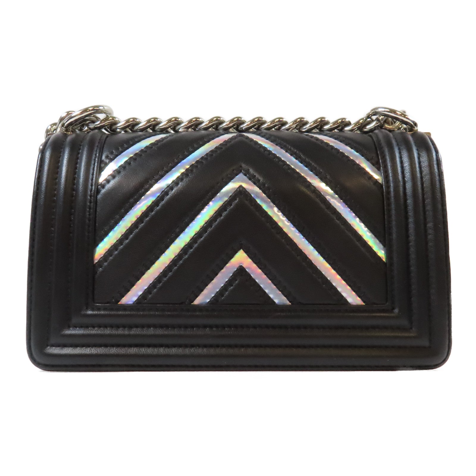 CHANEL 斜紋牛皮皮革Le Boy Chain Shoulder Bag銀扣鏈帶肩背袋黑色