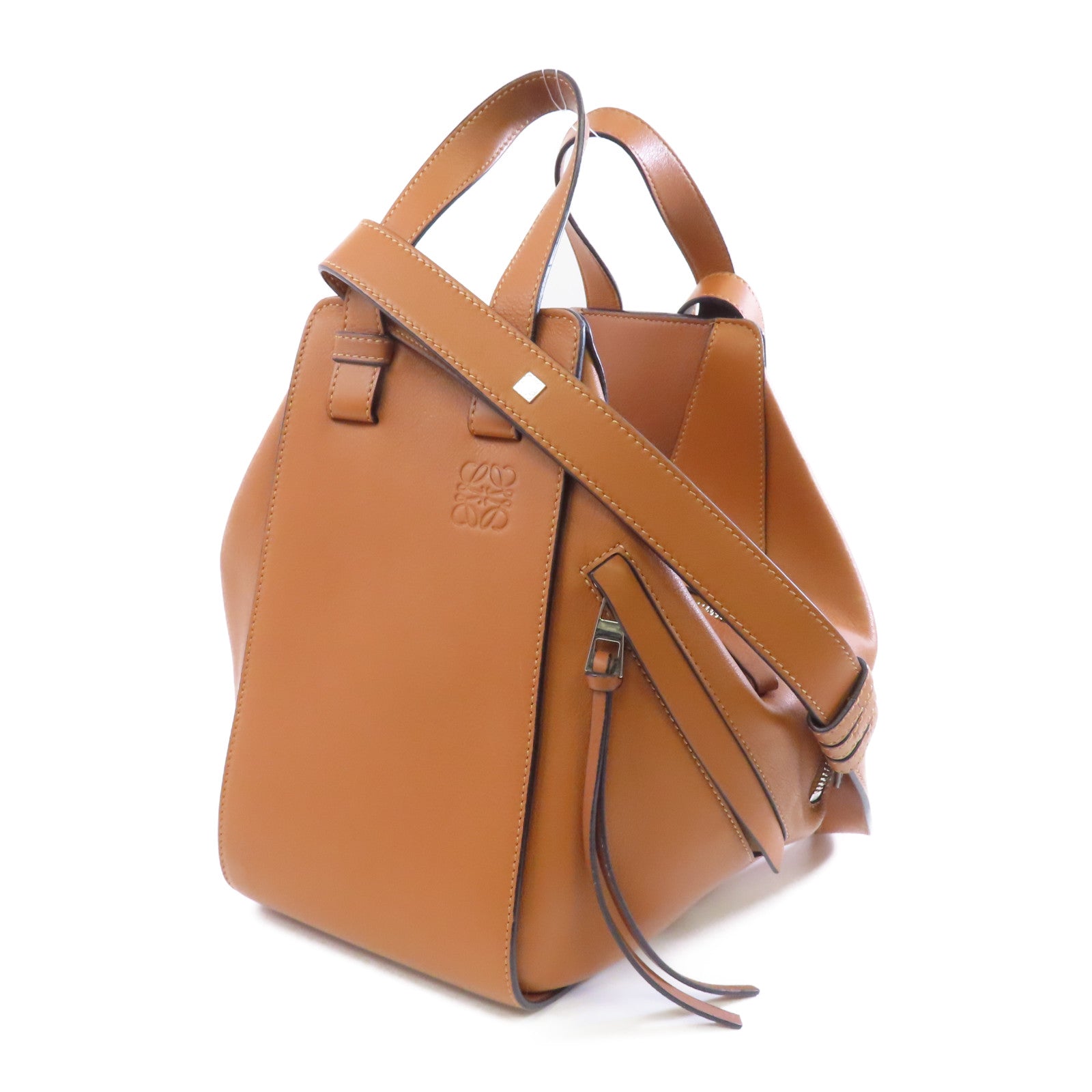 LOEWE 牛皮皮革Hammock銀扣手挽肩背兩用袋棕色