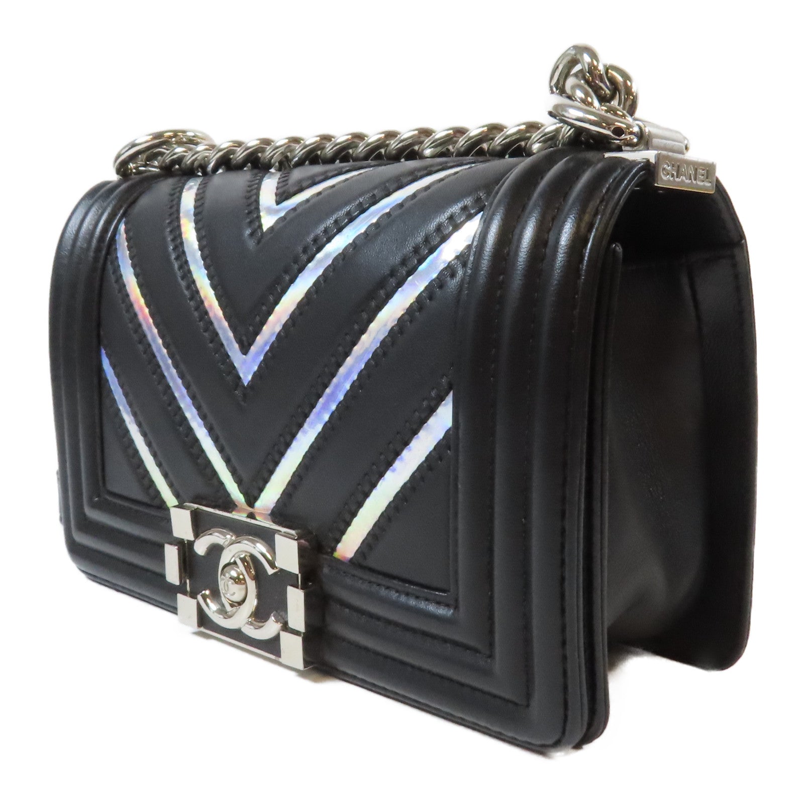 CHANEL 斜紋牛皮皮革Le Boy Chain Shoulder Bag銀扣鏈帶肩背袋黑色