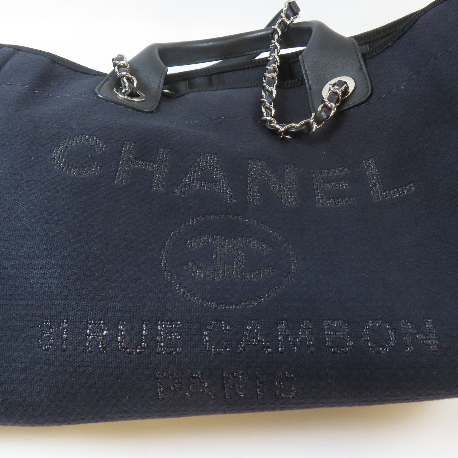 CHANEL 帆布Deauville Tote Medium 2 Way Chain Shoulder銀扣鏈帶手挽肩背兩用袋黑色