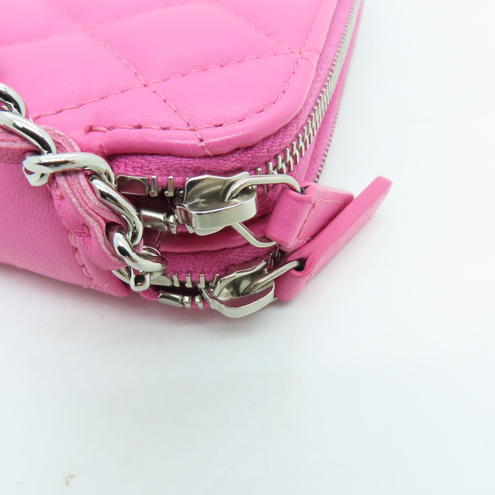 CHANEL 【激減優惠】菱格羊皮皮革Double Zip Shoulder Bag銀扣鏈帶肩背袋粉紅色