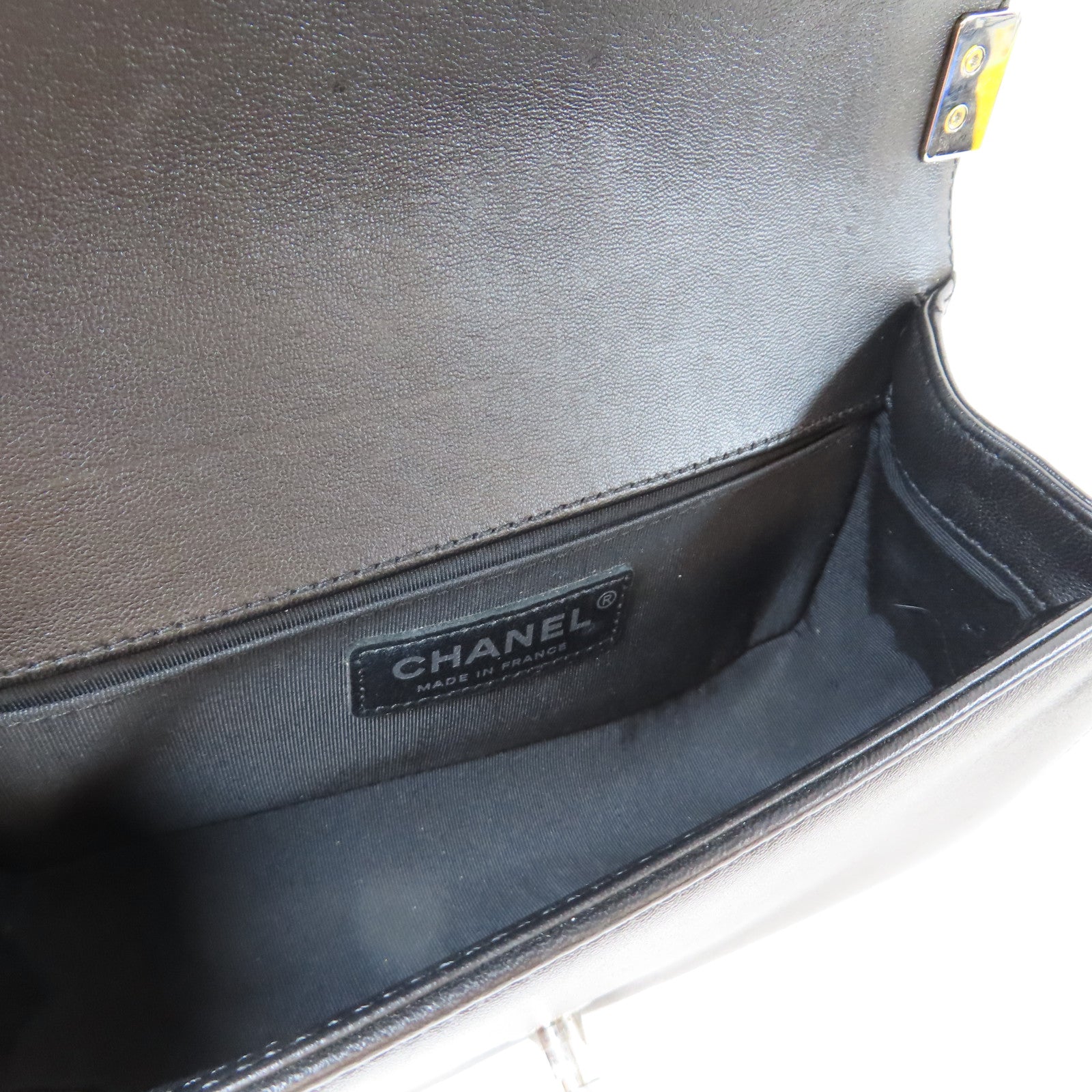 CHANEL 斜紋牛皮皮革Le Boy Chain Shoulder Bag銀扣鏈帶肩背袋黑色