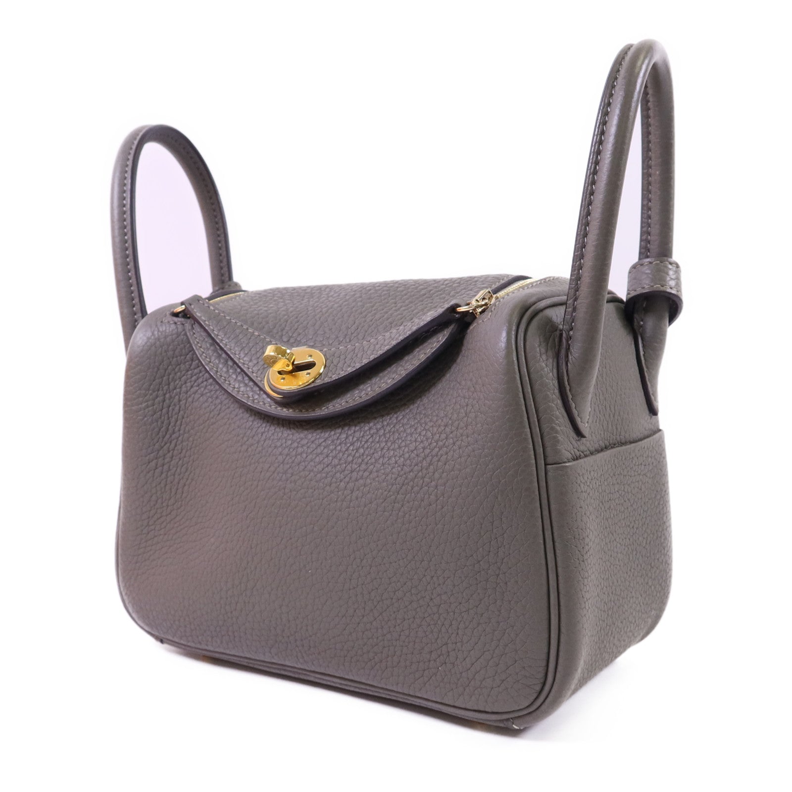 HERMES Clemence皮革Mini Lindy金扣手挽肩背兩用袋Gris Meyer