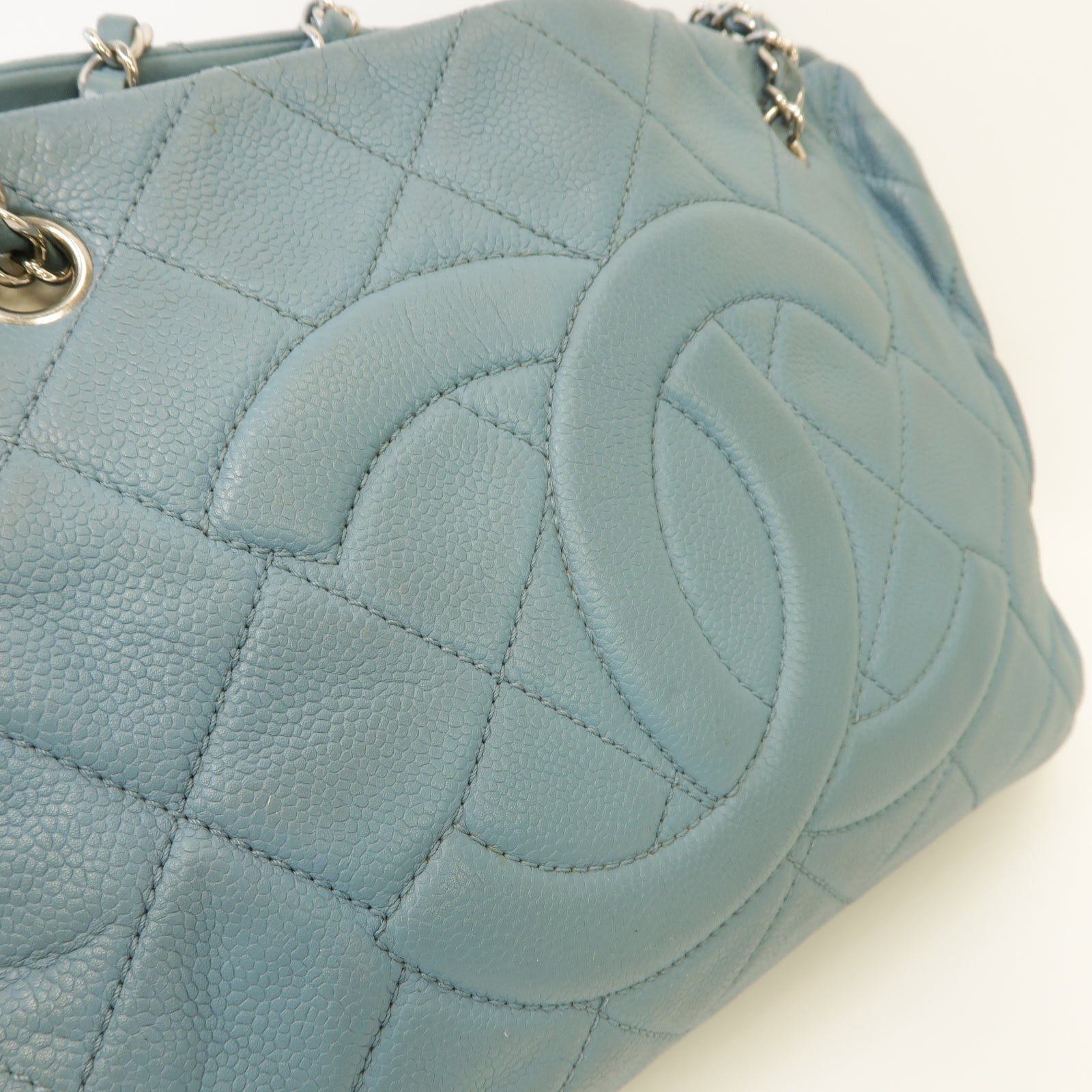 CHANEL 【激減優惠】菱格Caviar皮革Chain Shoulder Bag銀扣鏈帶肩背袋淺藍色