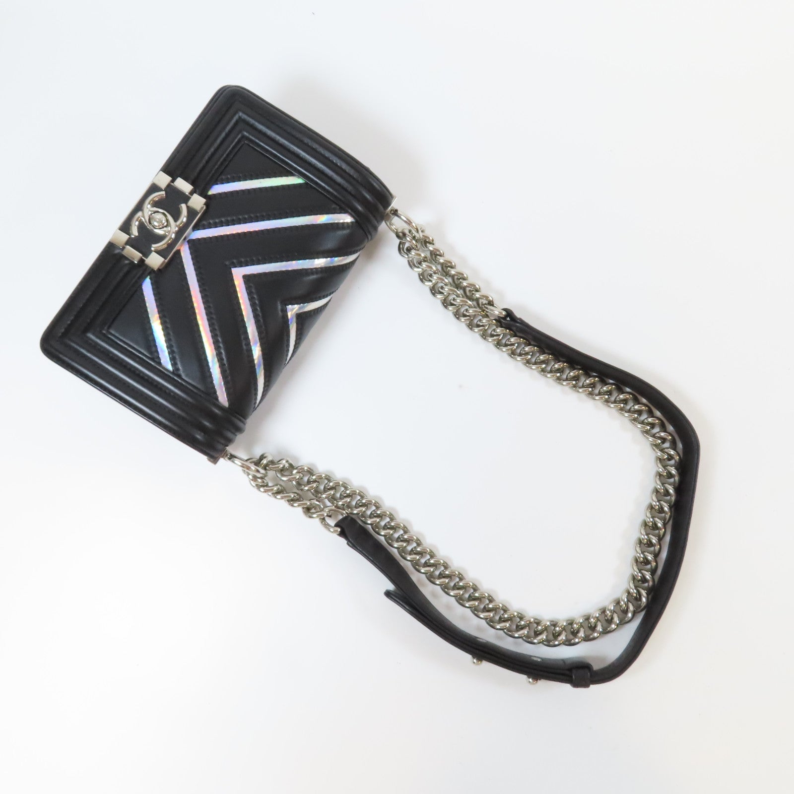 CHANEL 斜紋牛皮皮革Le Boy Chain Shoulder Bag銀扣鏈帶肩背袋黑色