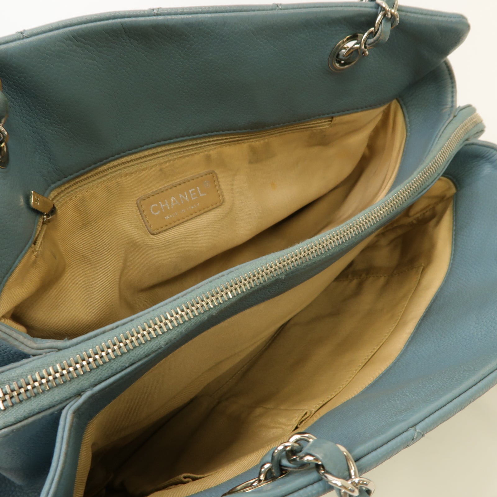 CHANEL 【激減優惠】菱格Caviar皮革Chain Shoulder Bag銀扣鏈帶肩背袋淺藍色