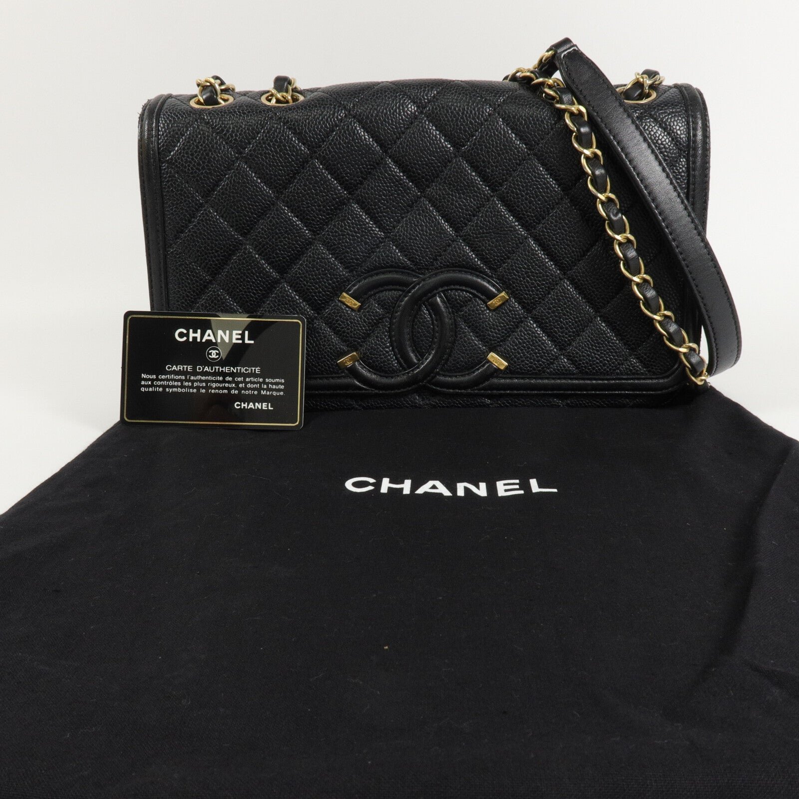CHANEL 牛皮皮革CC Filigree鏈帶肩背袋