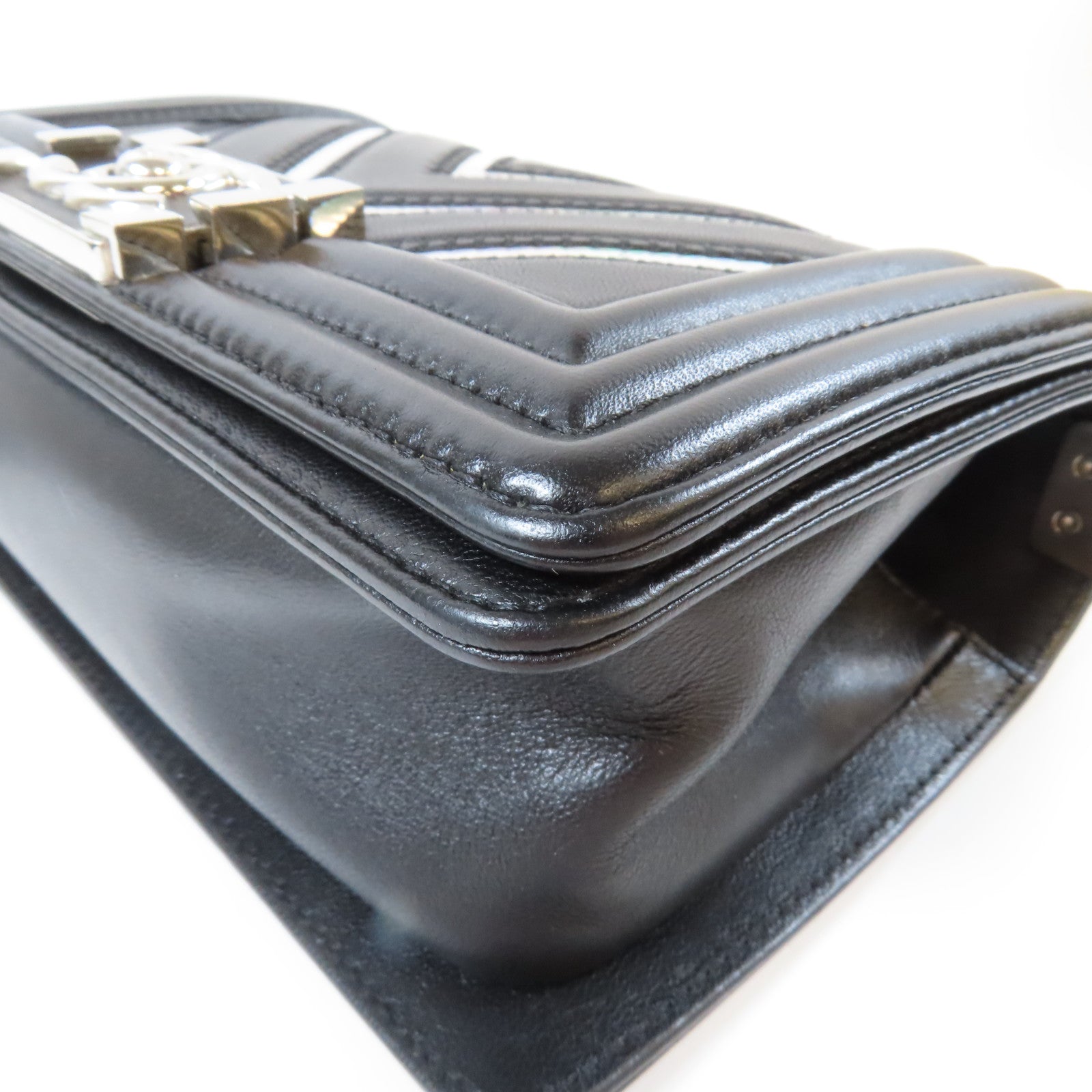 CHANEL 斜紋牛皮皮革Le Boy Chain Shoulder Bag銀扣鏈帶肩背袋黑色