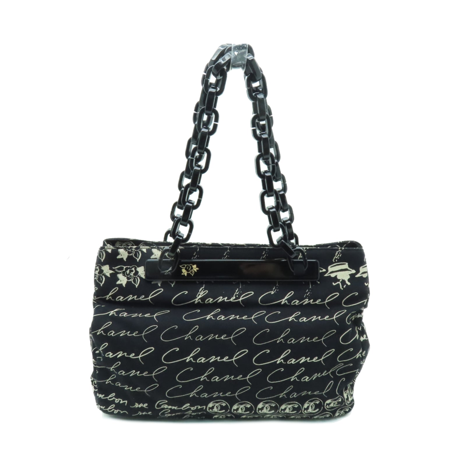 CHANEL 【清倉大減價】帆布Chain Shoulder Bag銀扣鏈帶肩背袋黒色