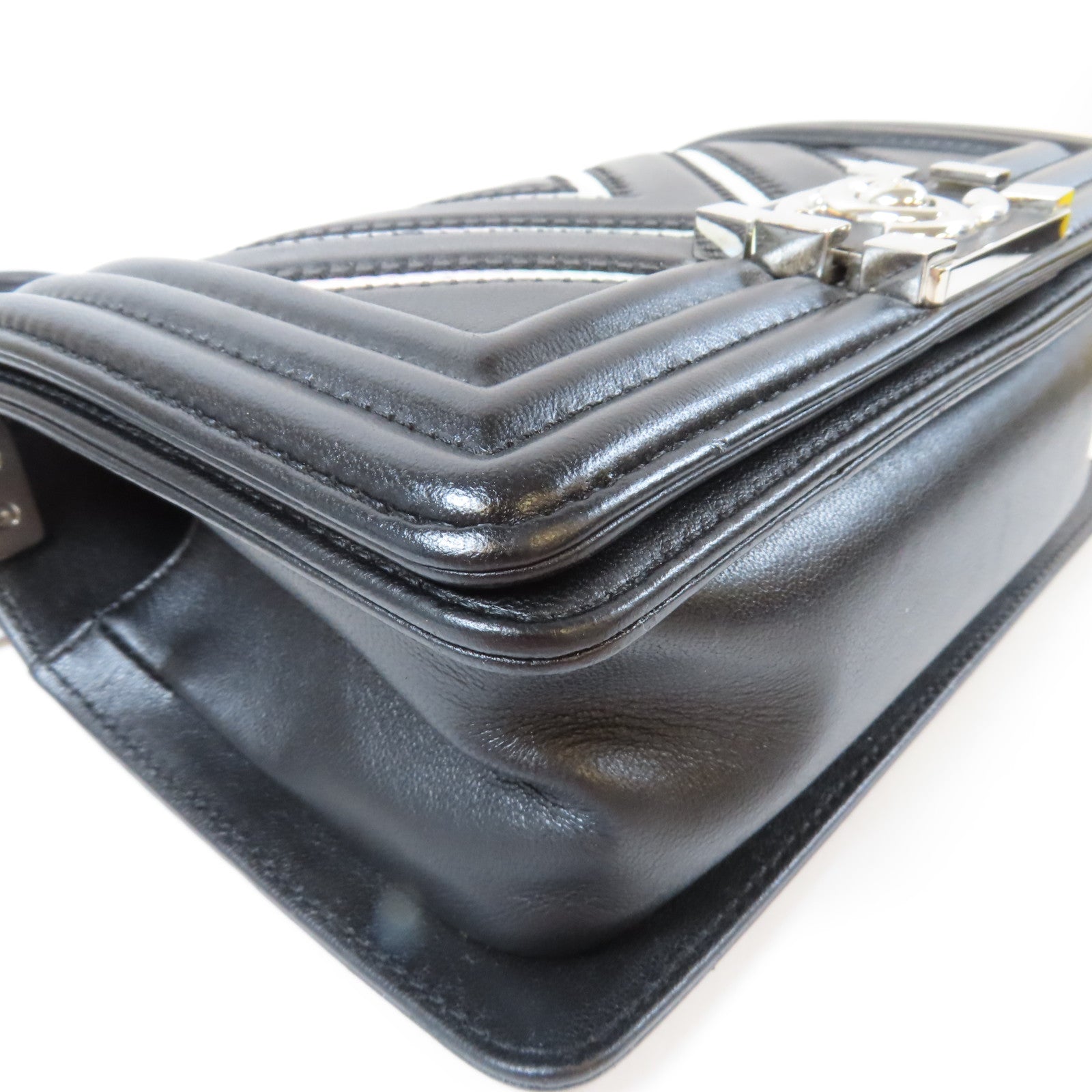 CHANEL 斜紋牛皮皮革Le Boy Chain Shoulder Bag銀扣鏈帶肩背袋黑色