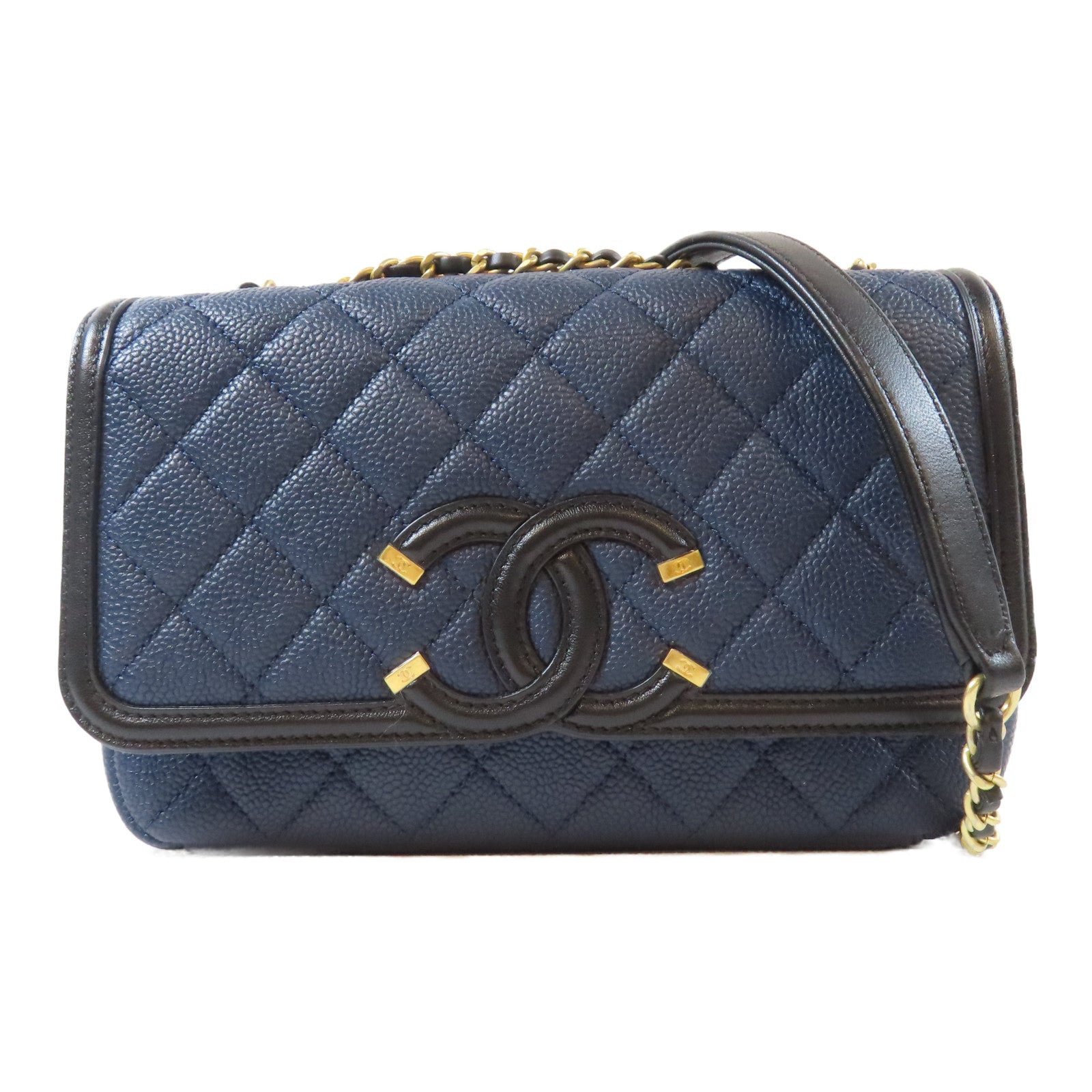 CHANEL 菱格Caviar皮革 Medium CC Filigree Flap金扣鏈帶肩背袋深藍色