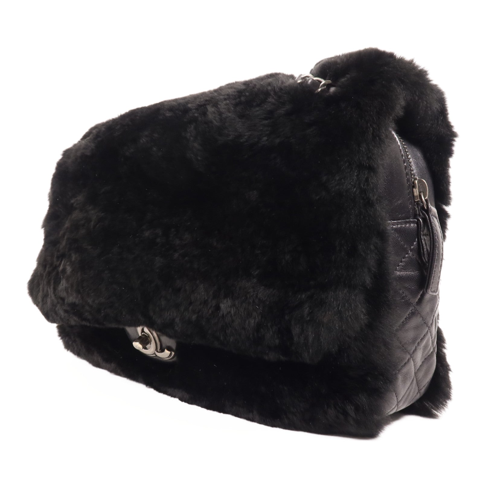 CHANEL 兔毛Chain Shoulder銀扣鏈帶肩背袋